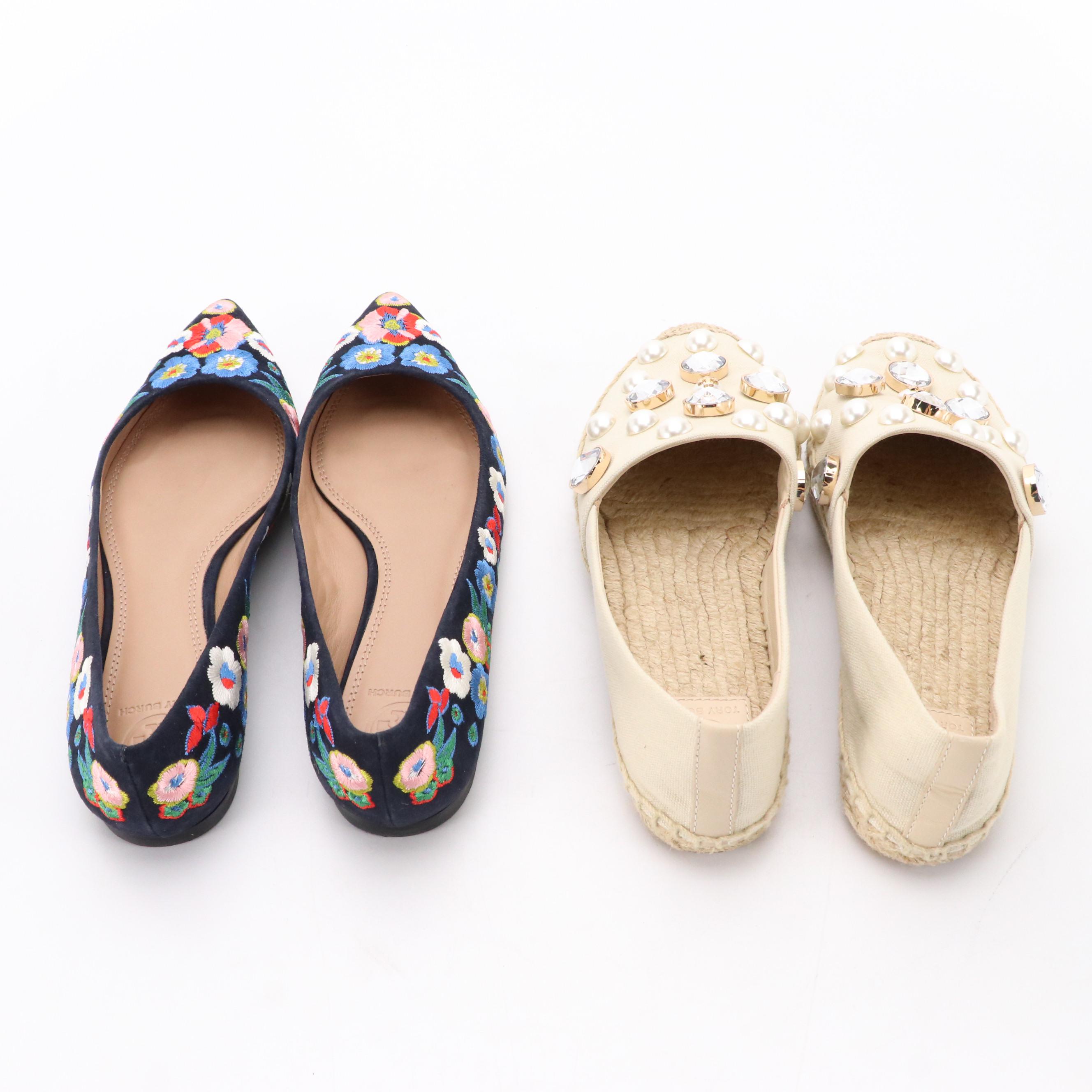 Tory Burch Rosemont Floral Embroidered Flats and Beige Embellished Espadrilles