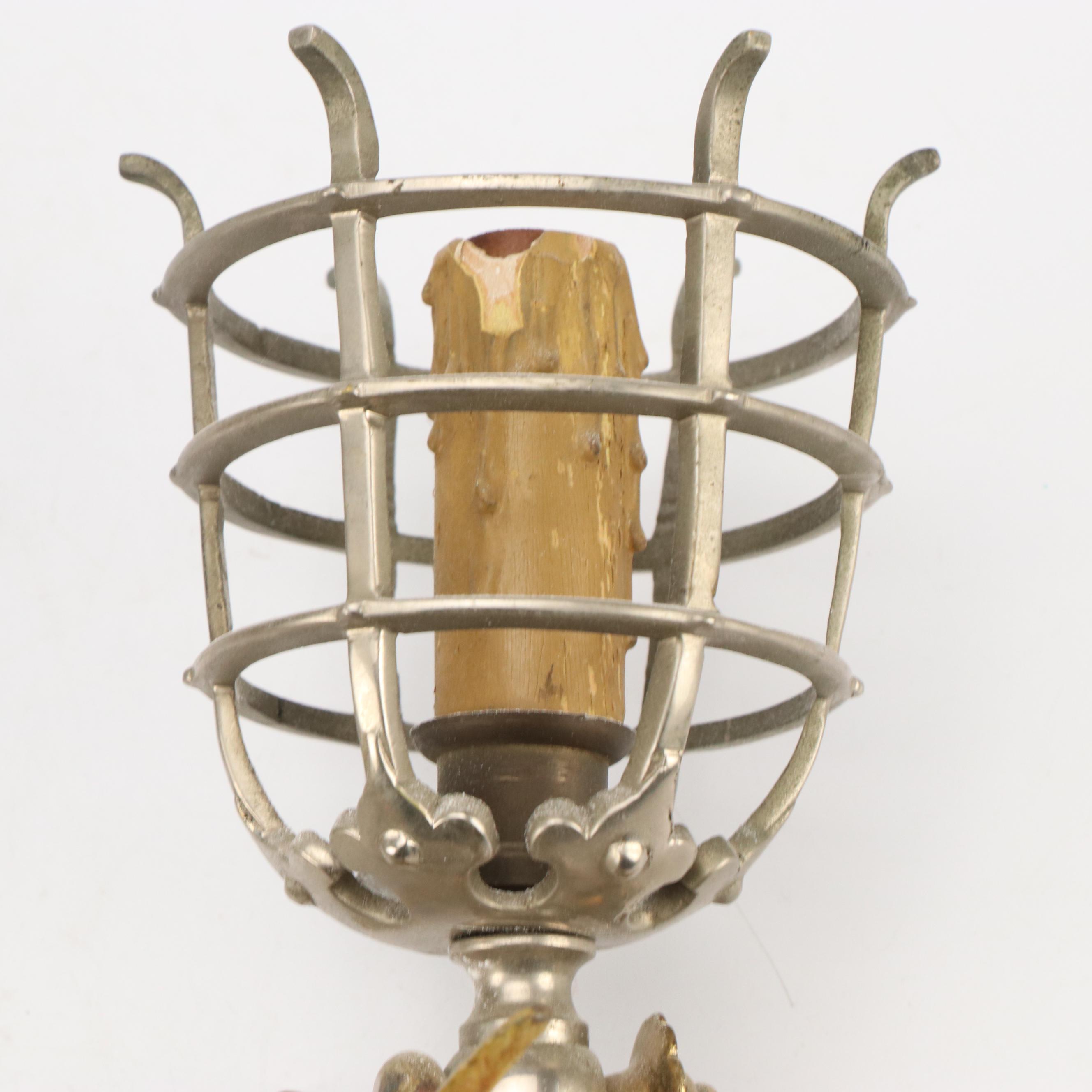 Gothic Revival Brass and Metal Chimera Figure Wall Sconces, early 20th C