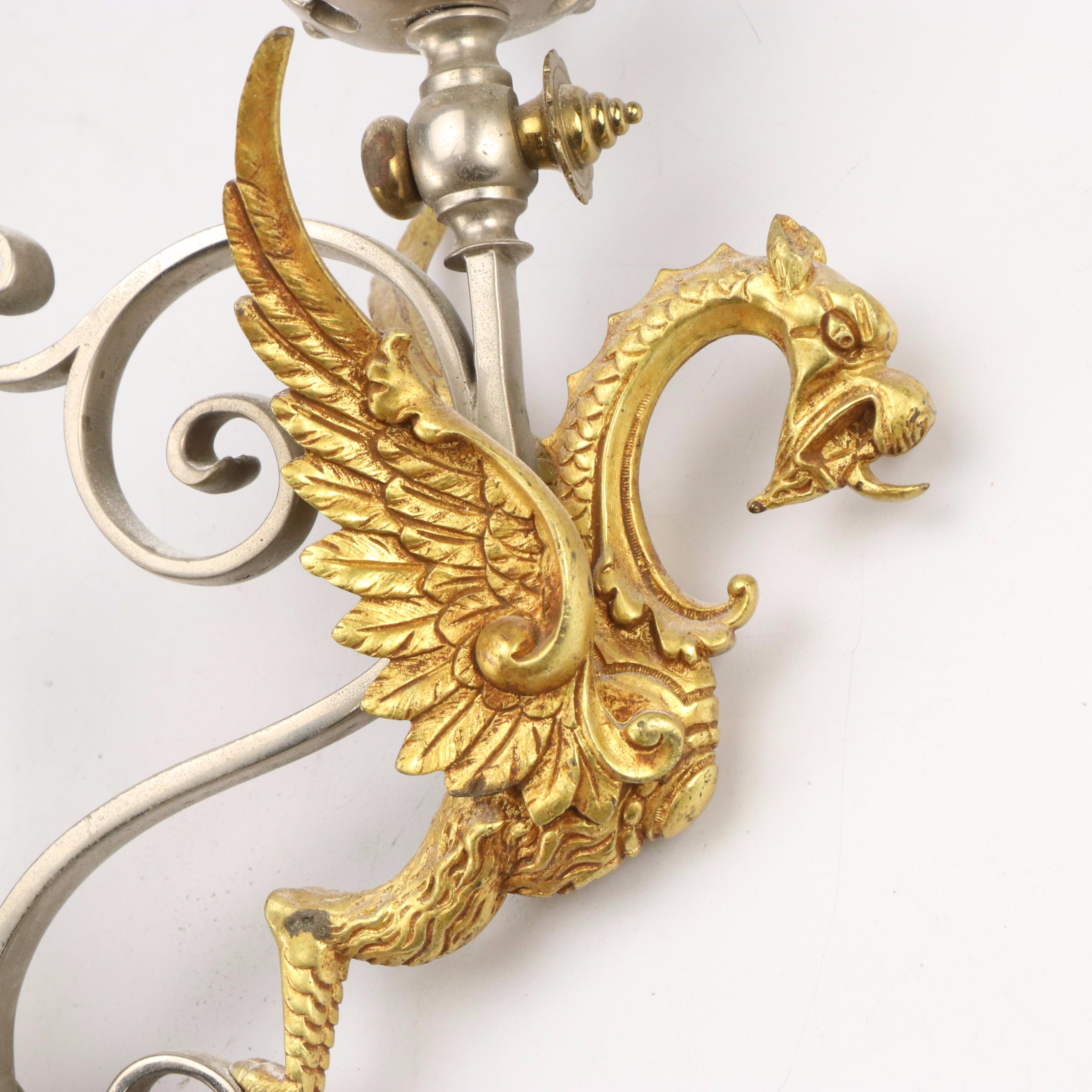 Gothic Revival Brass and Metal Chimera Figure Wall Sconces, early 20th C