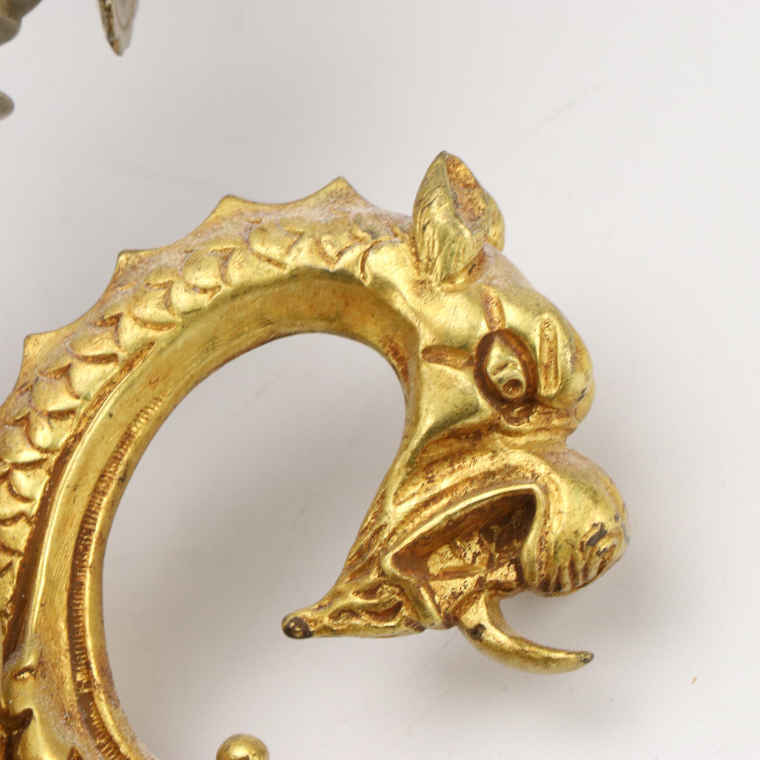 Gothic Revival Brass and Metal Chimera Figure Wall Sconces, early 20th C