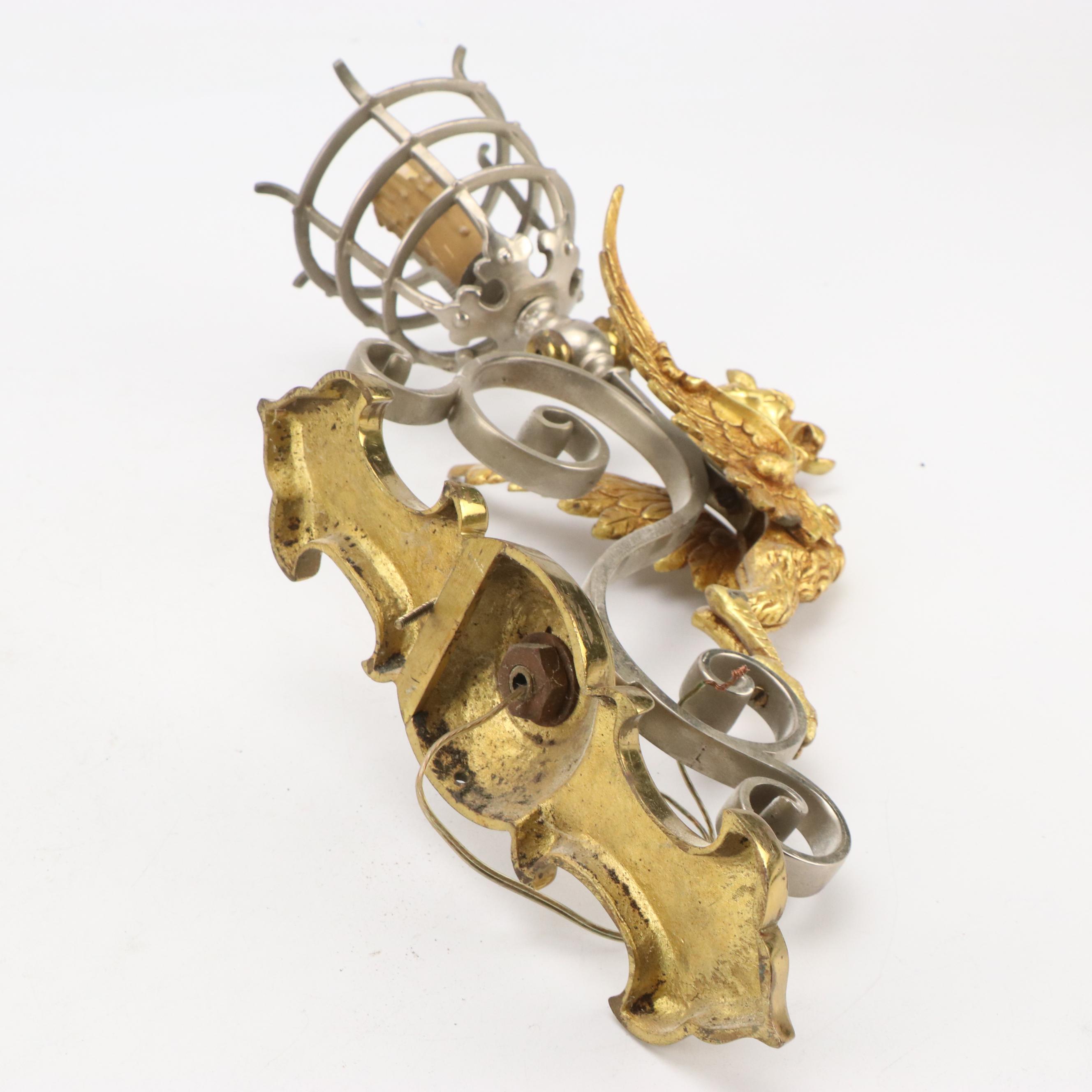 Gothic Revival Brass and Metal Chimera Figure Wall Sconces, early 20th C