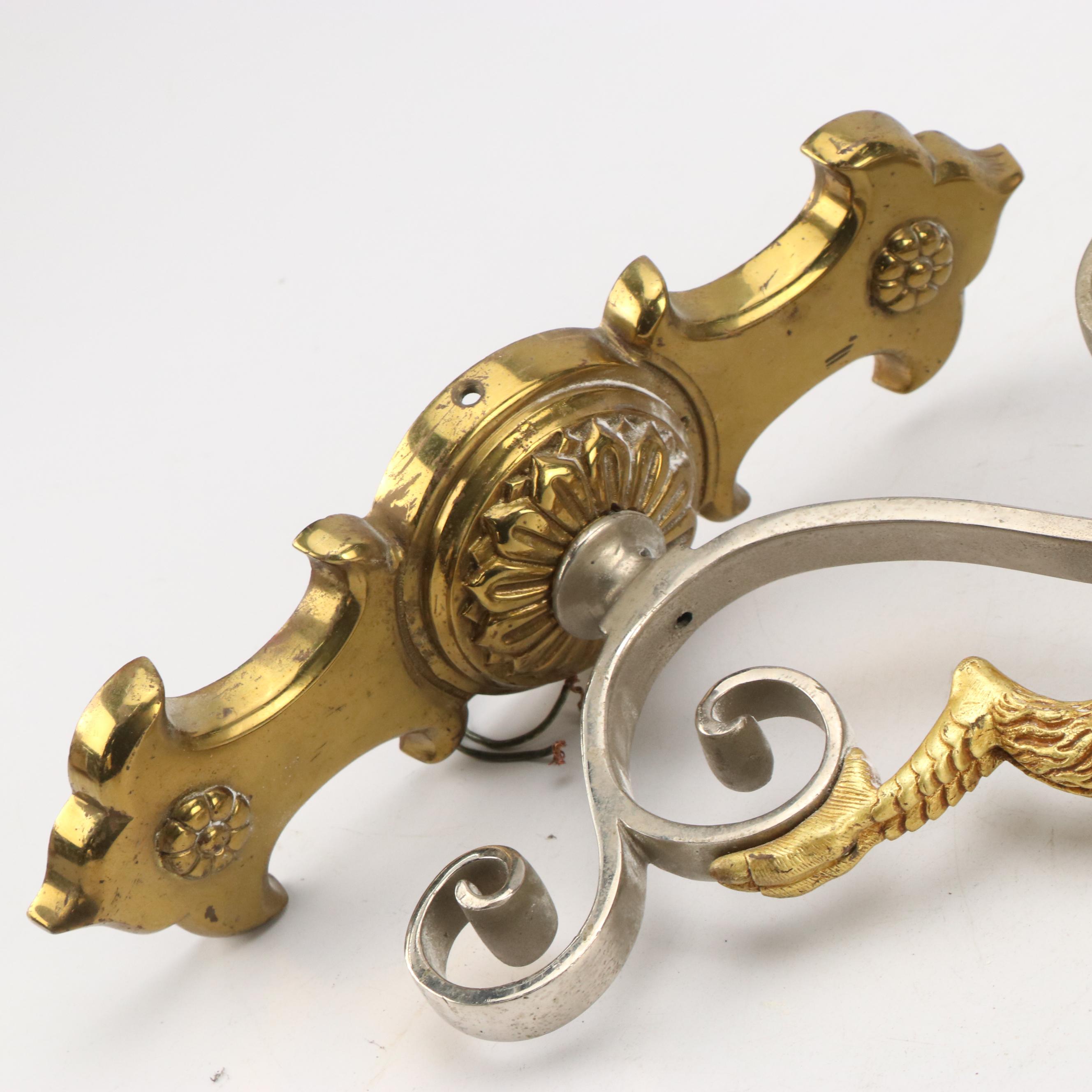 Gothic Revival Brass and Metal Chimera Figure Wall Sconces, early 20th C