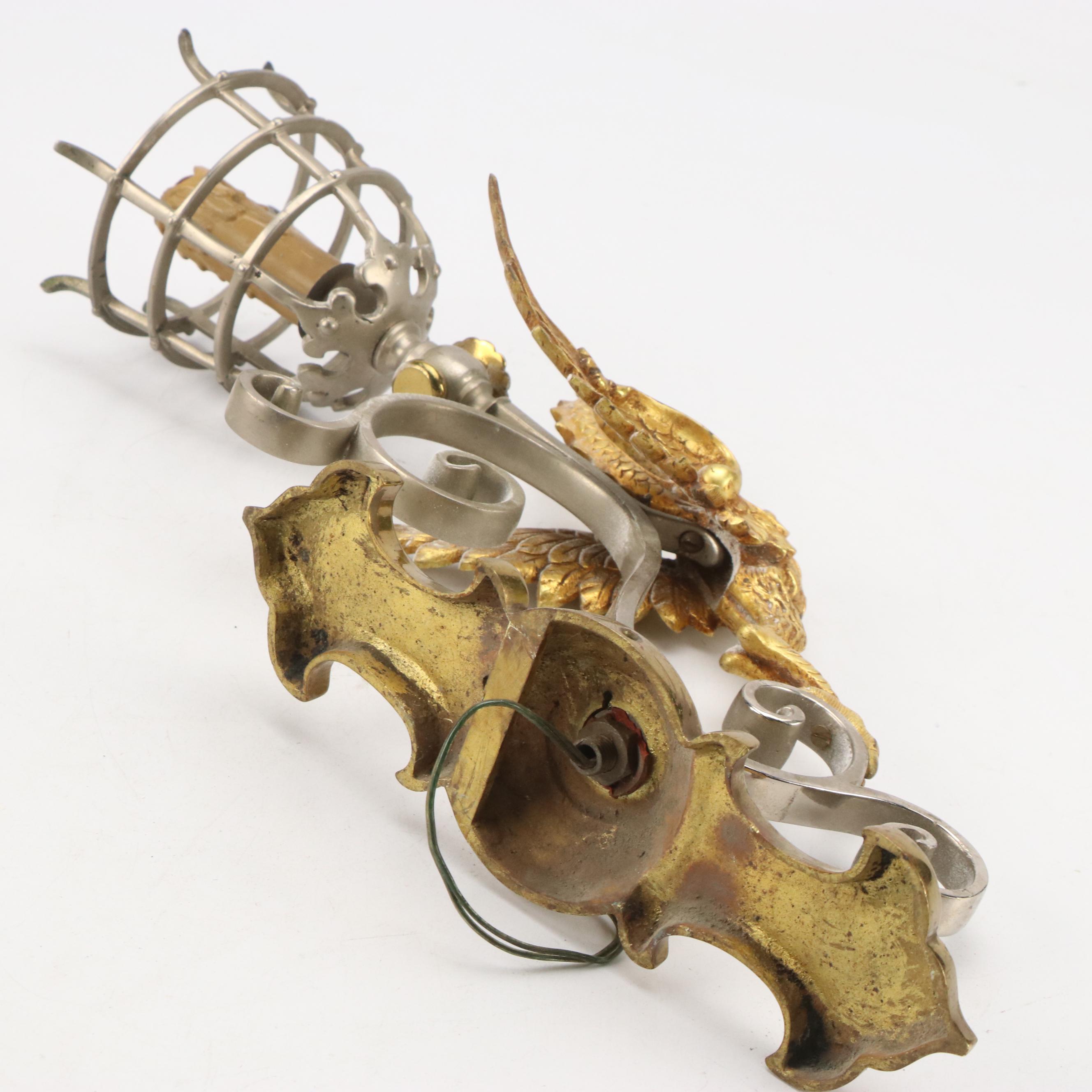Gothic Revival Brass and Metal Chimera Figure Wall Sconces, early 20th C