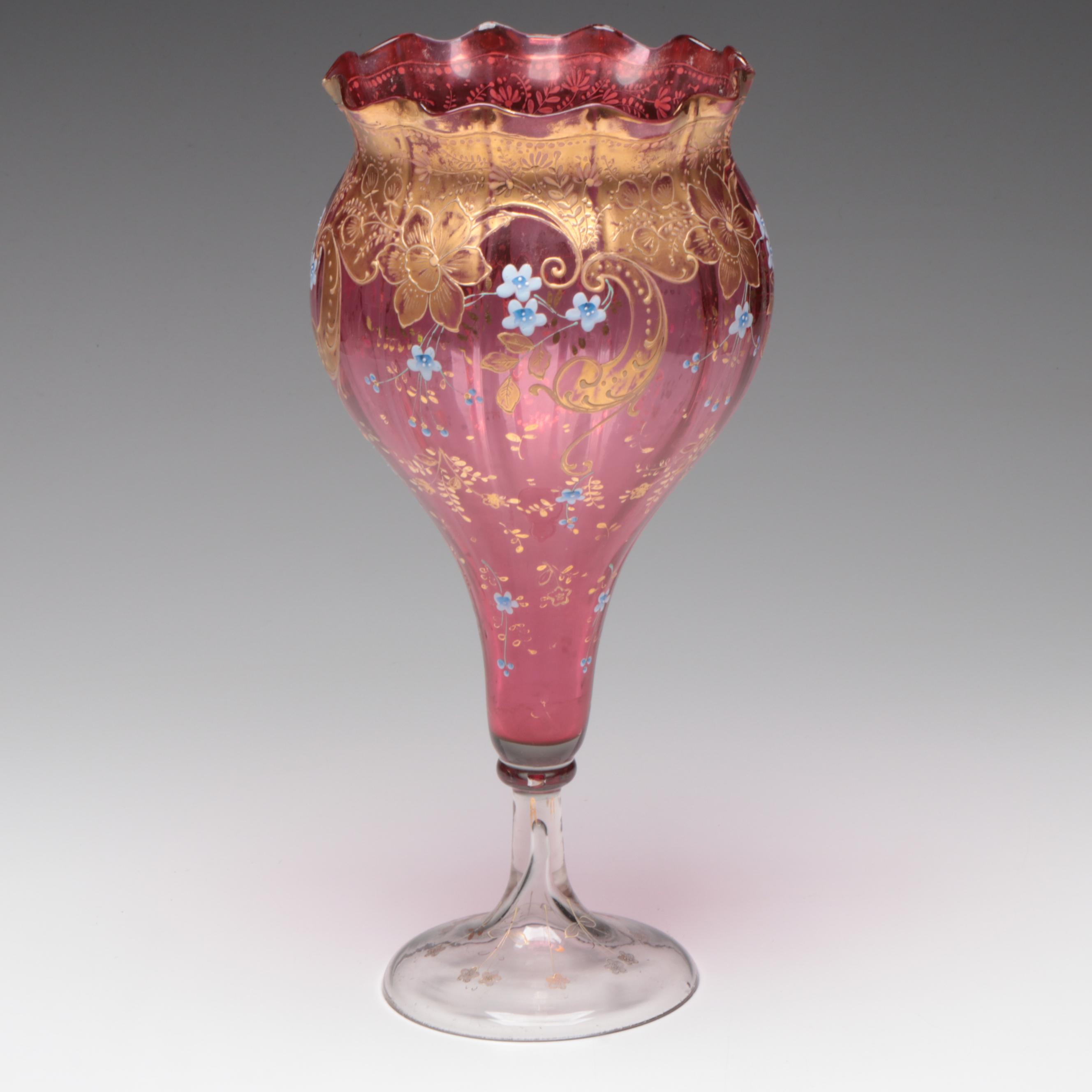 Bohemian Style Hand-Painted Enameled Cranberry Glass Goblet Vase
