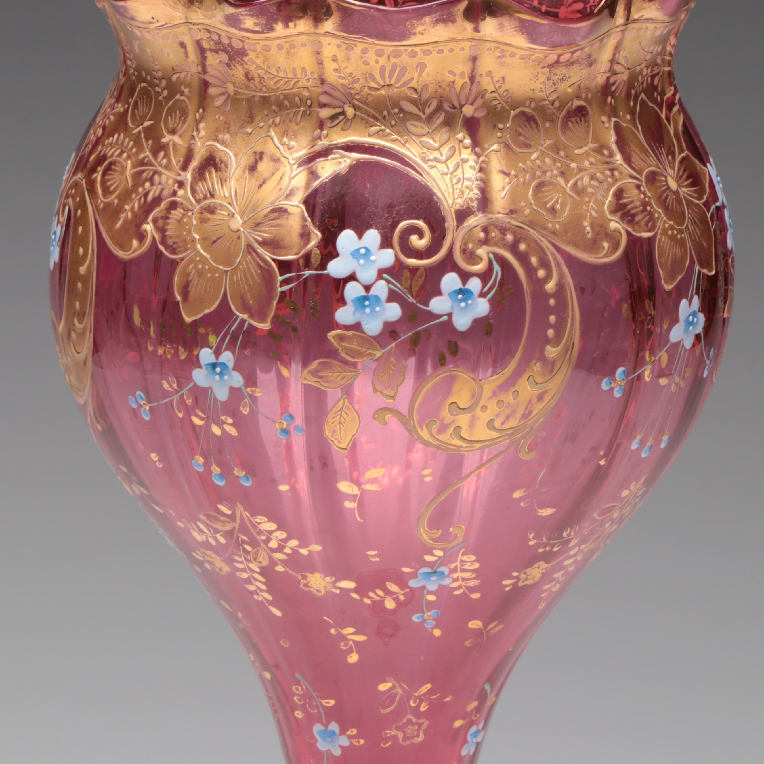 Bohemian Style Hand-Painted Enameled Cranberry Glass Goblet Vase