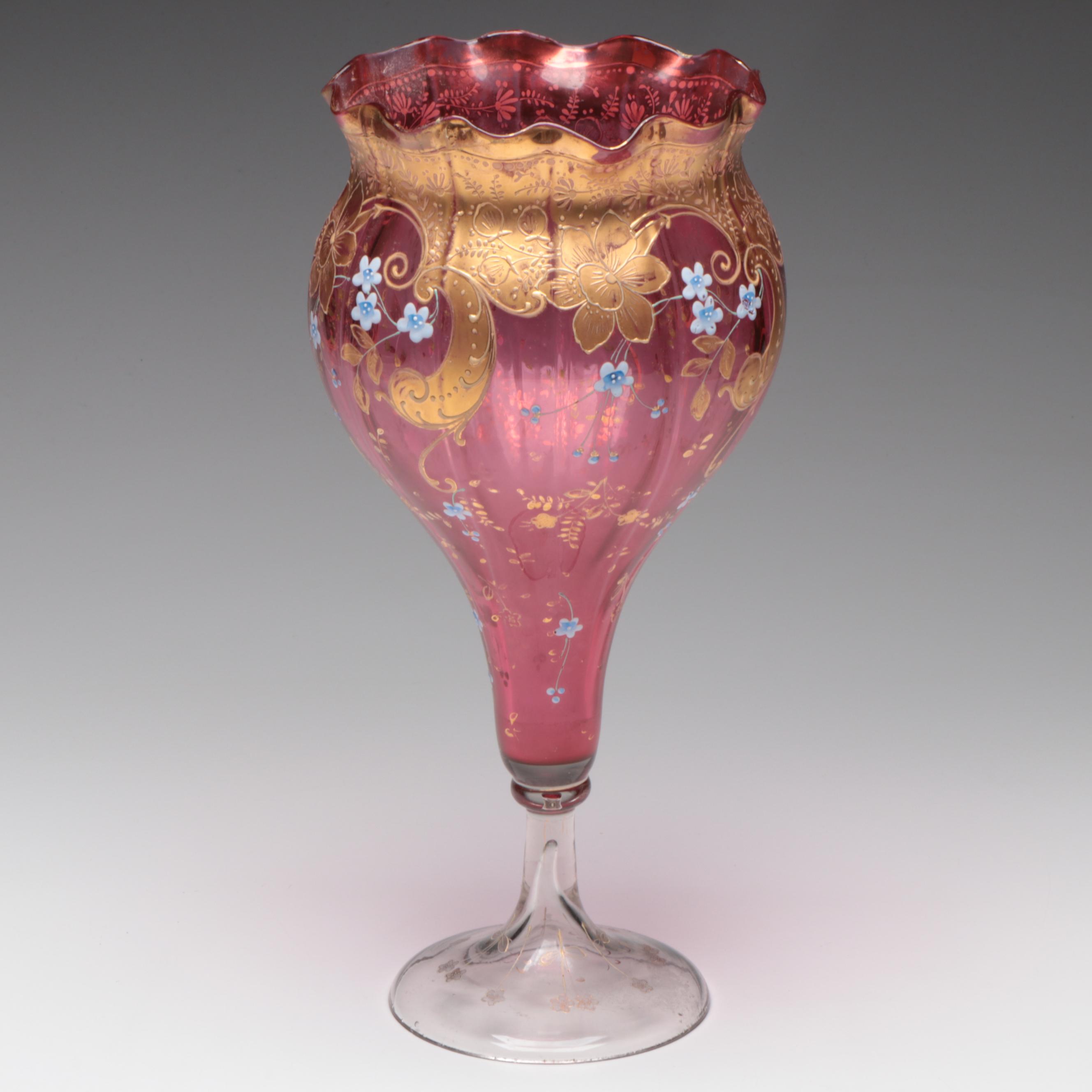 Bohemian Style Hand-Painted Enameled Cranberry Glass Goblet Vase