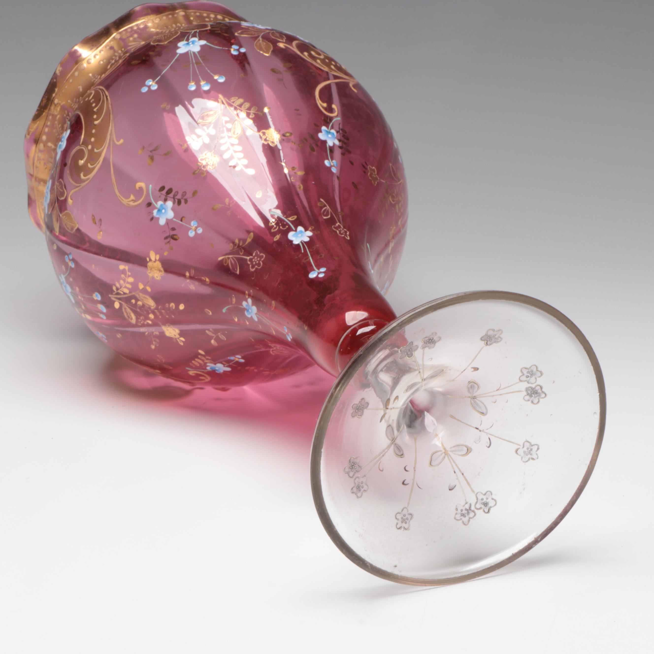 Bohemian Style Hand-Painted Enameled Cranberry Glass Goblet Vase