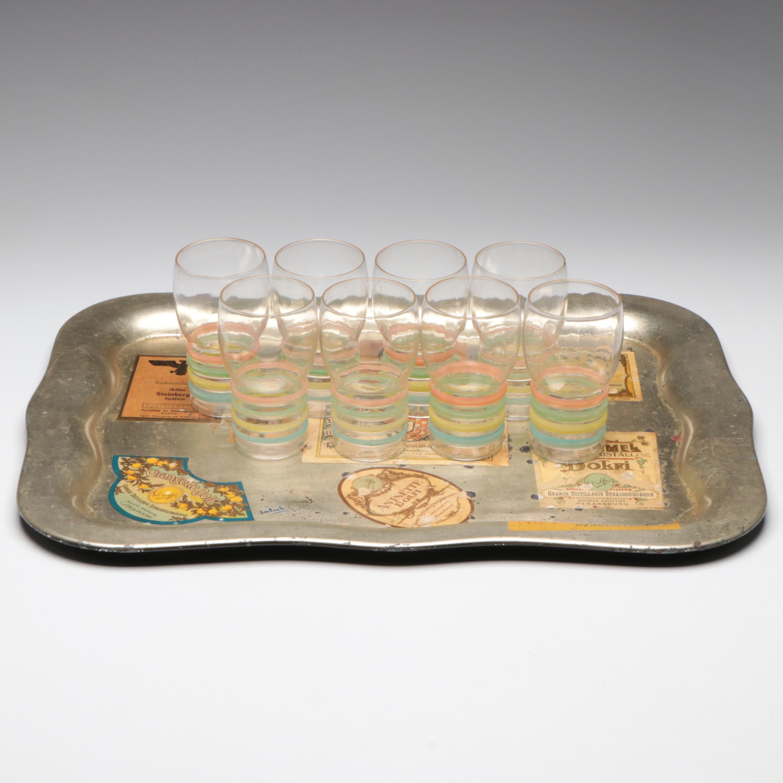 MacBeth-Evans Tumblers with Metal Wine Label Tray, Mid-20th Century