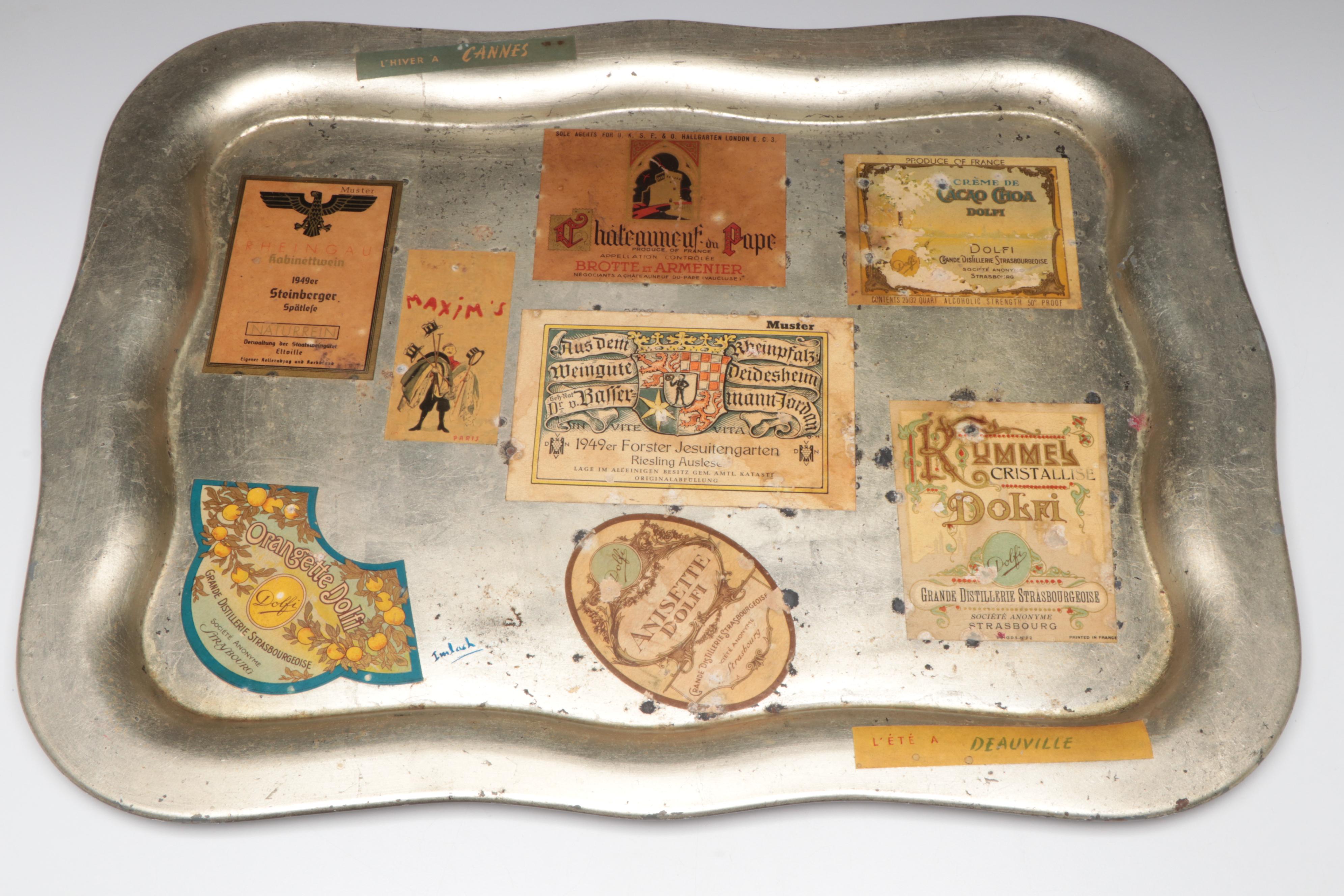 MacBeth-Evans Tumblers with Metal Wine Label Tray, Mid-20th Century