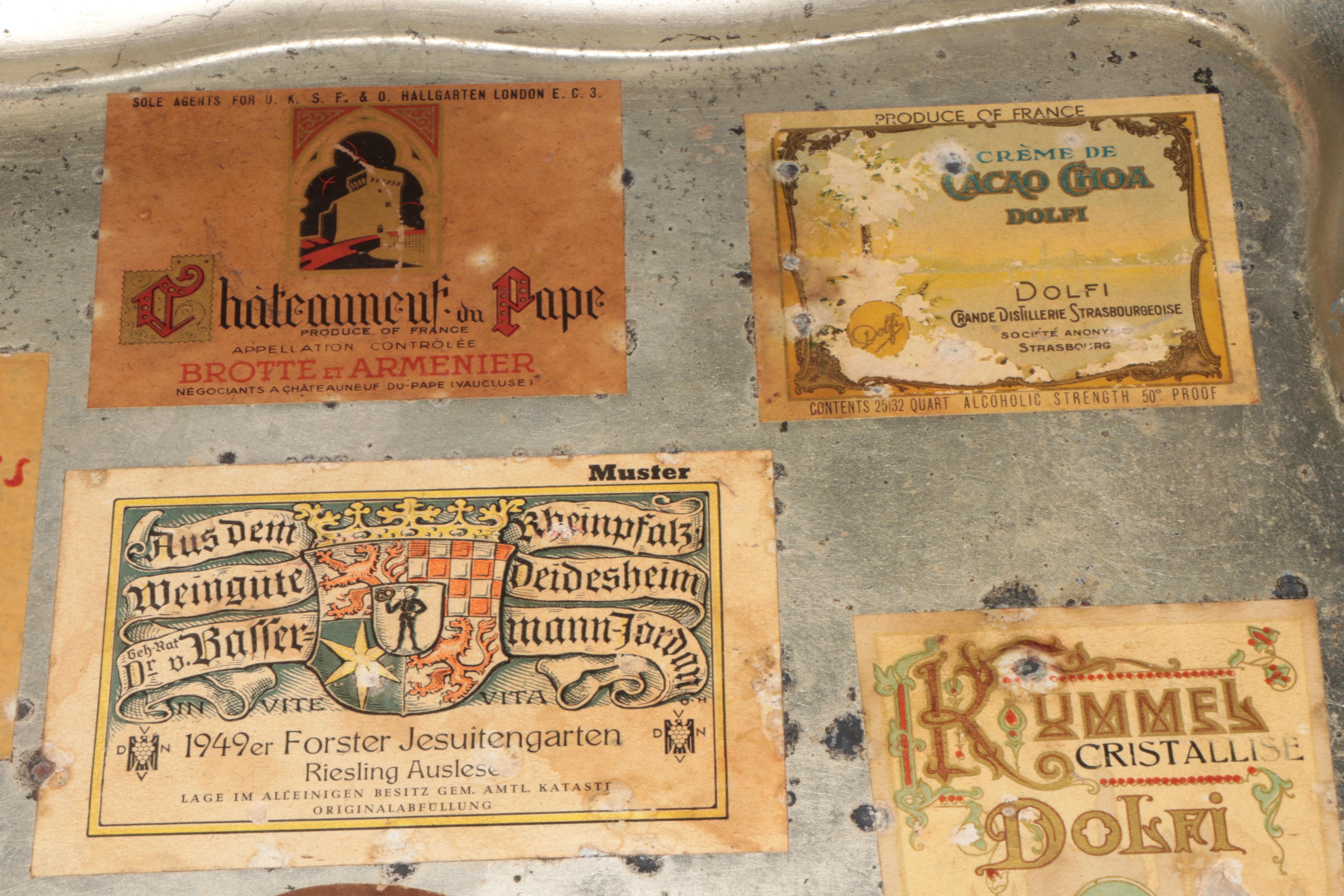 MacBeth-Evans Tumblers with Metal Wine Label Tray, Mid-20th Century