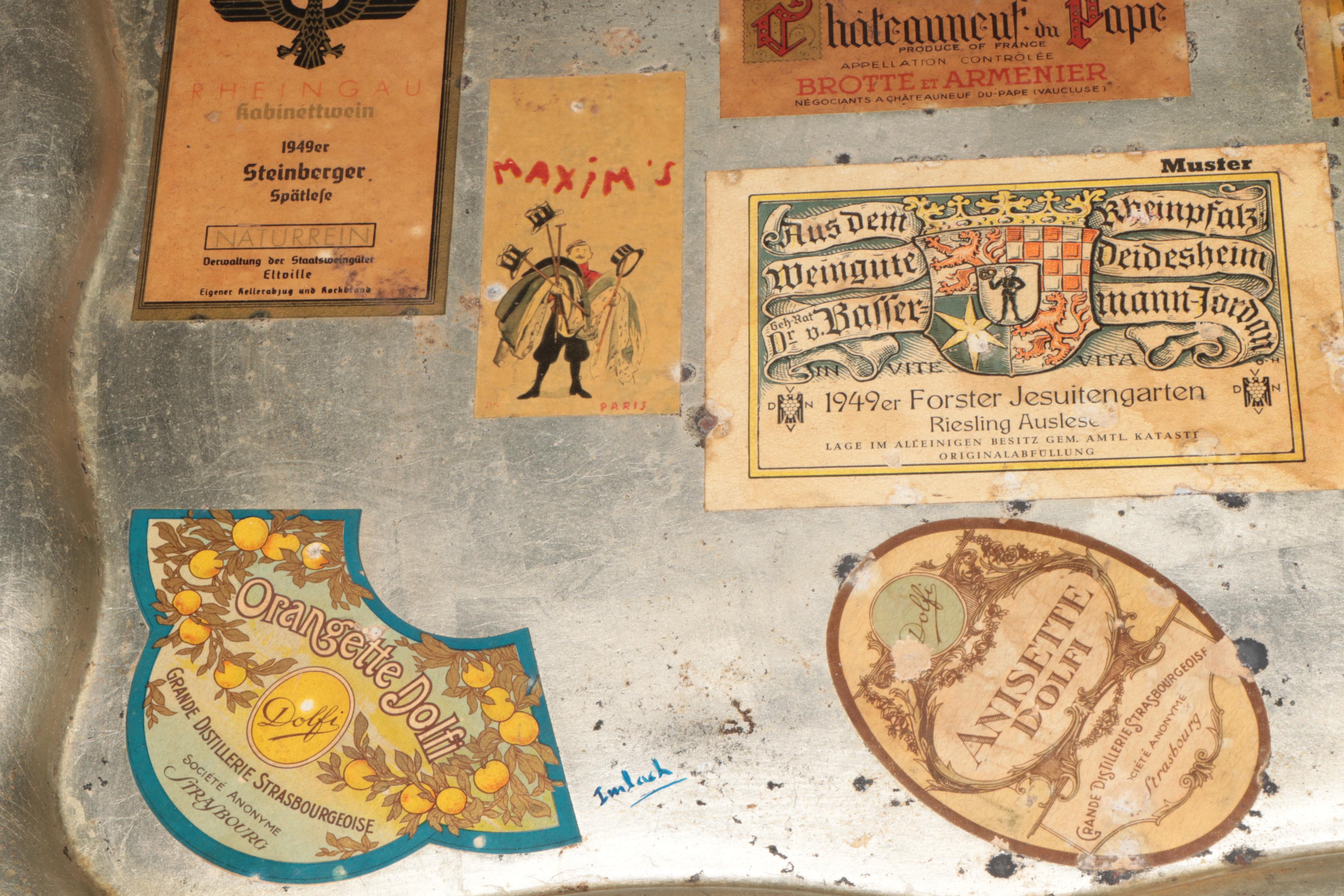 MacBeth-Evans Tumblers with Metal Wine Label Tray, Mid-20th Century