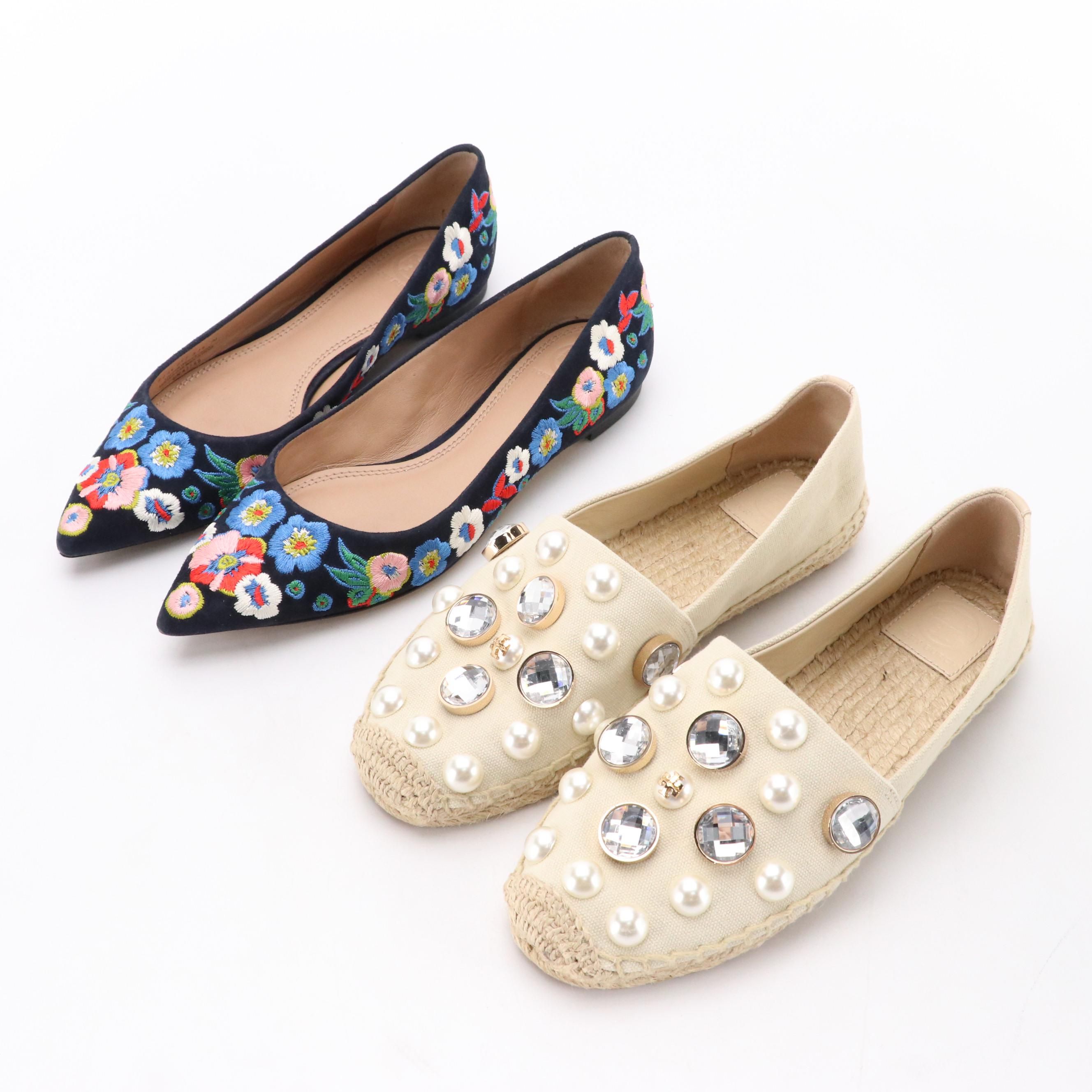 Tory Burch Rosemont Floral Embroidered Flats and Beige Embellished Espadrilles