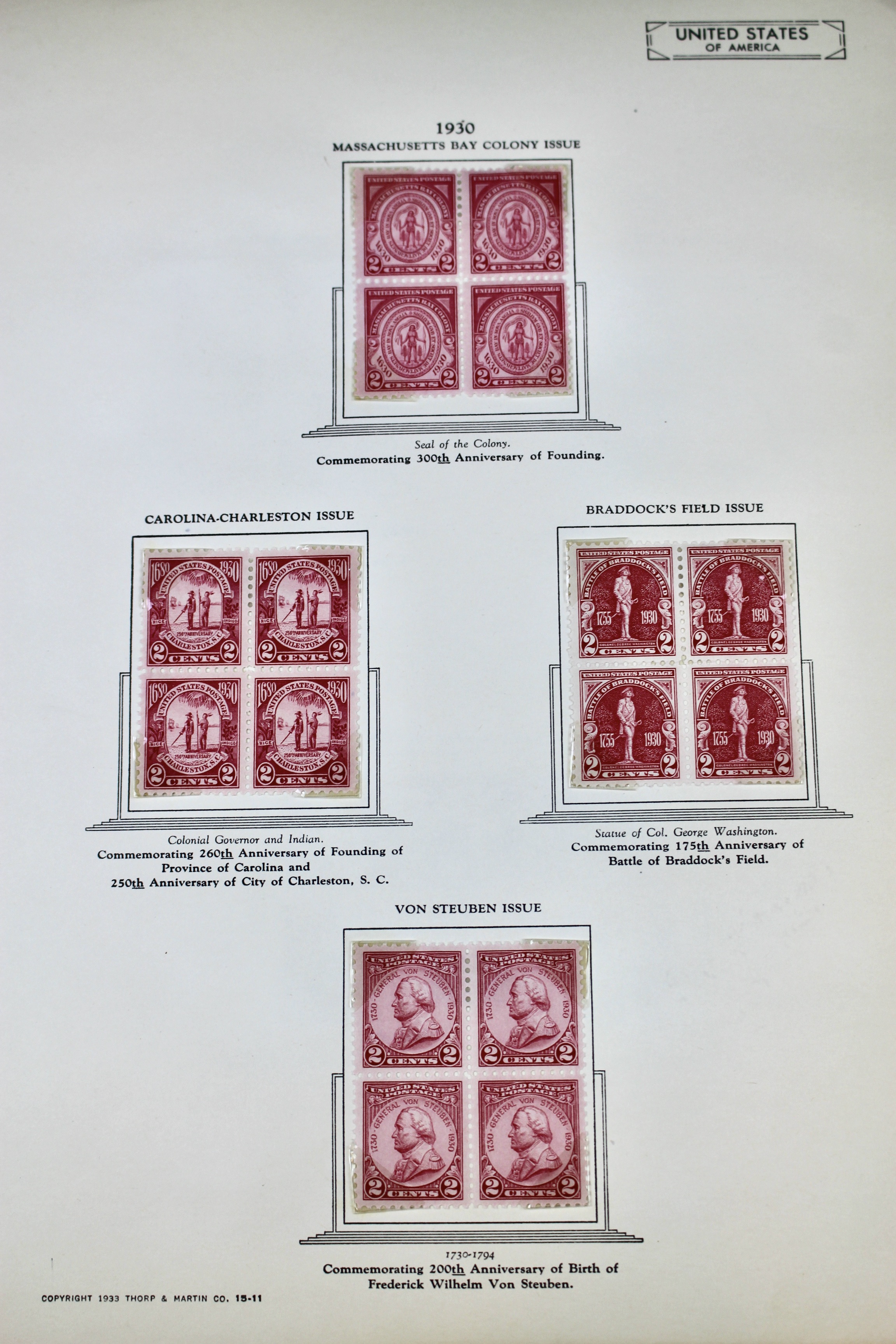 Mint Condition U.S. Postage Stamp Block Collection, 1929 to 1947