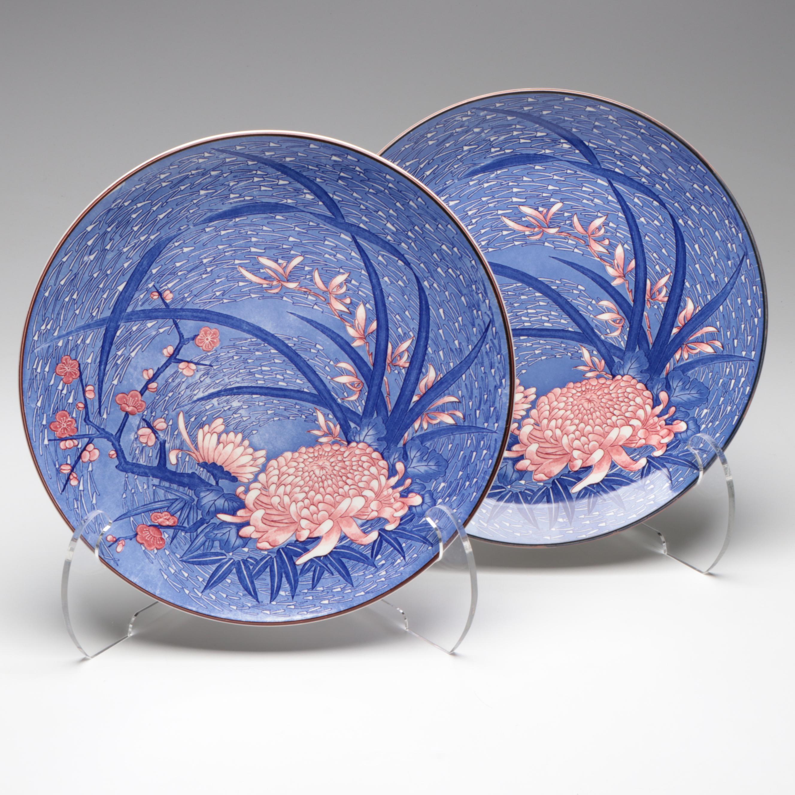 Japanese Toyo Porcelain Platters with Chrysanthemum and Cherry Blossom Motifs