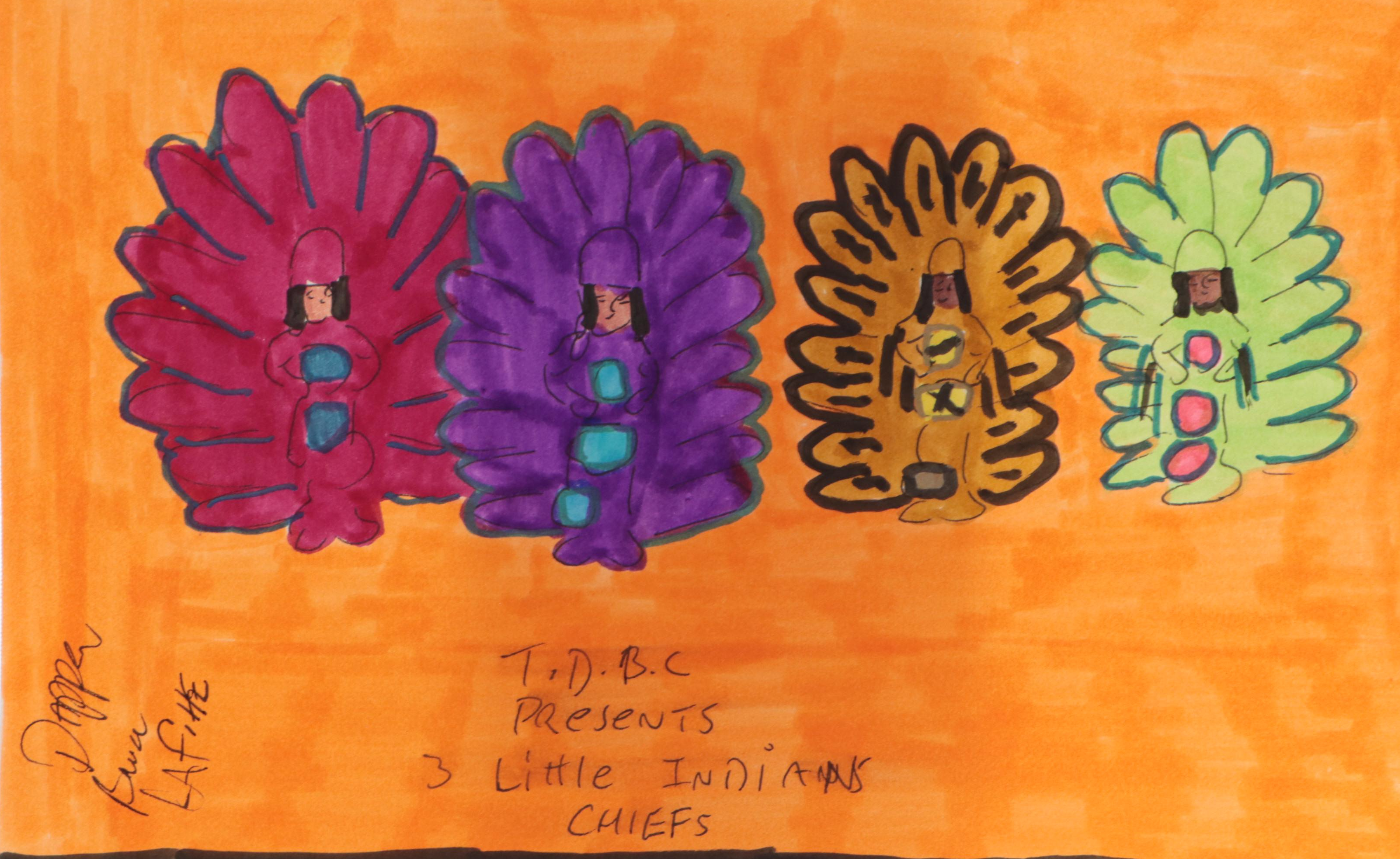 Dapper Bruce Lafitte Outsider Art Drawing "3 Little Indians"