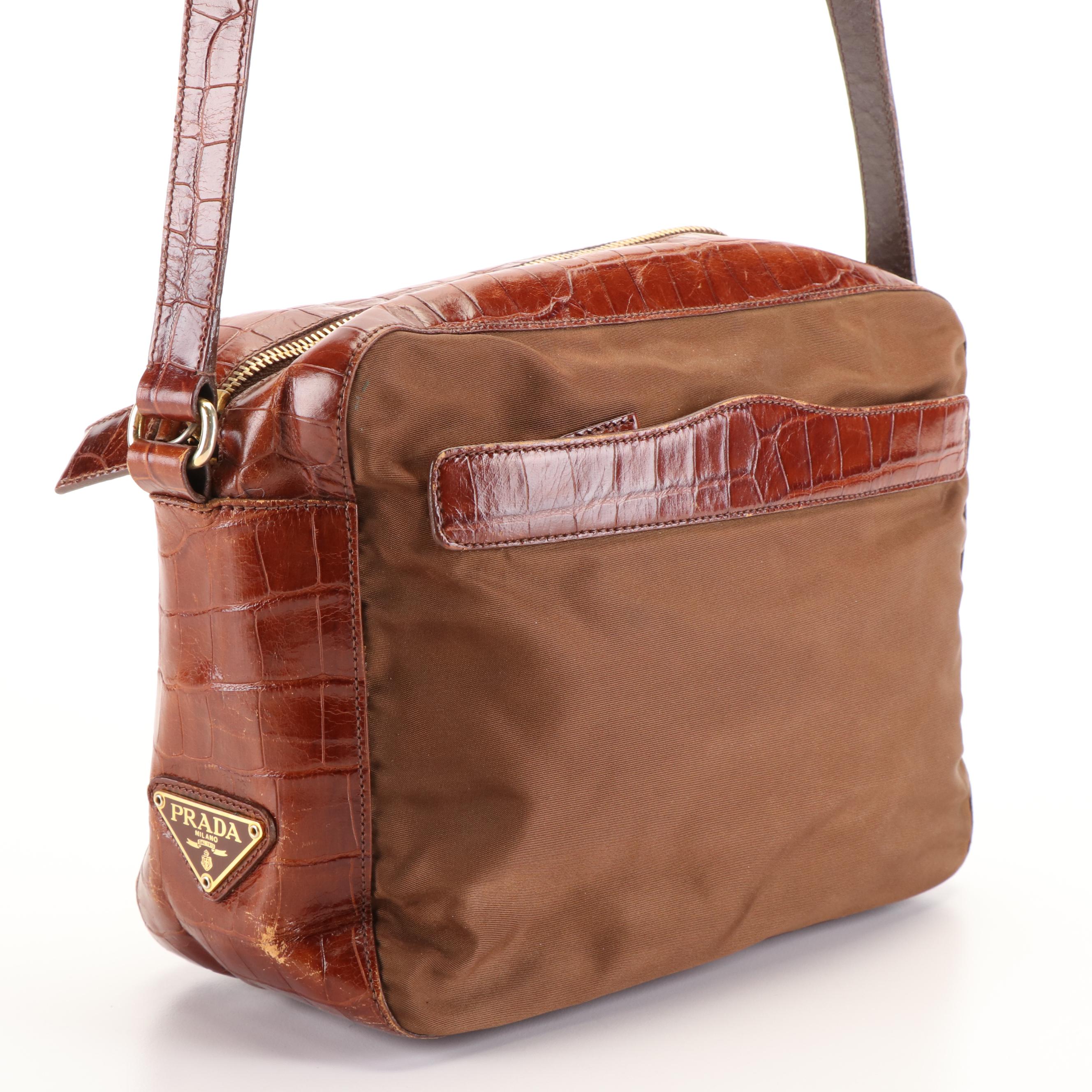 Prada Crossbody Bag in Crocodile-Trimmed Tessuto Nylon