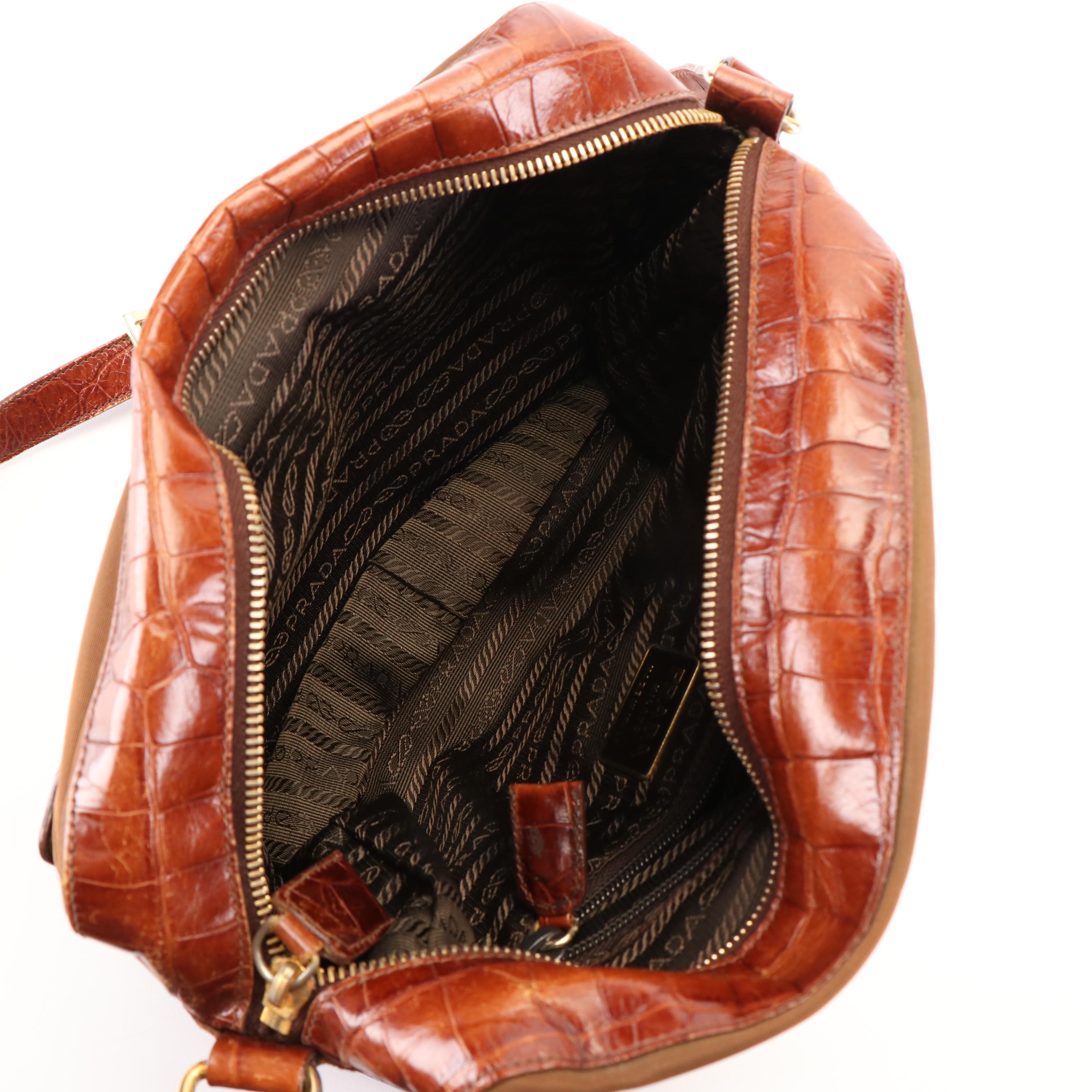 Prada Crossbody Bag in Crocodile-Trimmed Tessuto Nylon