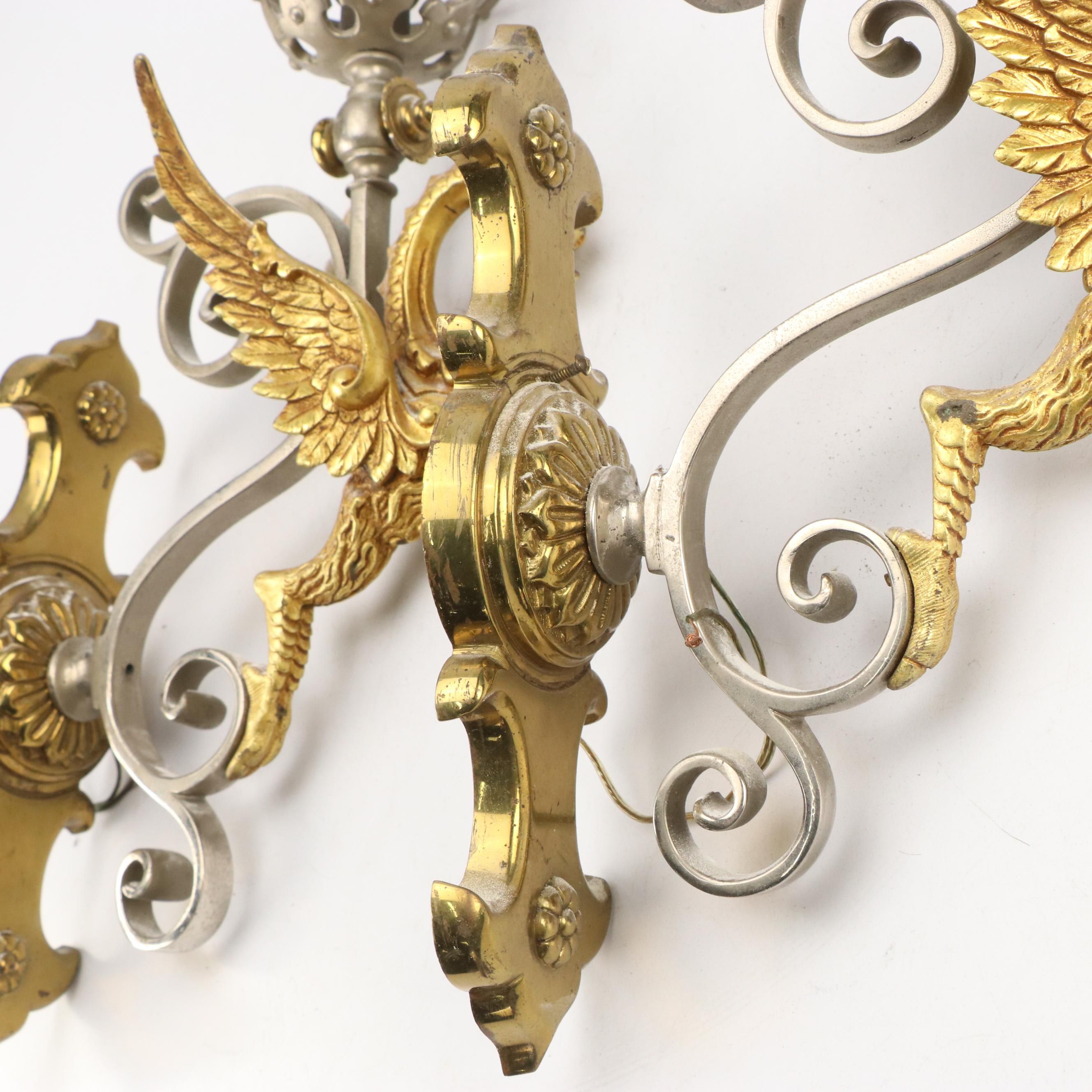 Gothic Revival Brass and Metal Chimera Figure Wall Sconces, early 20th C