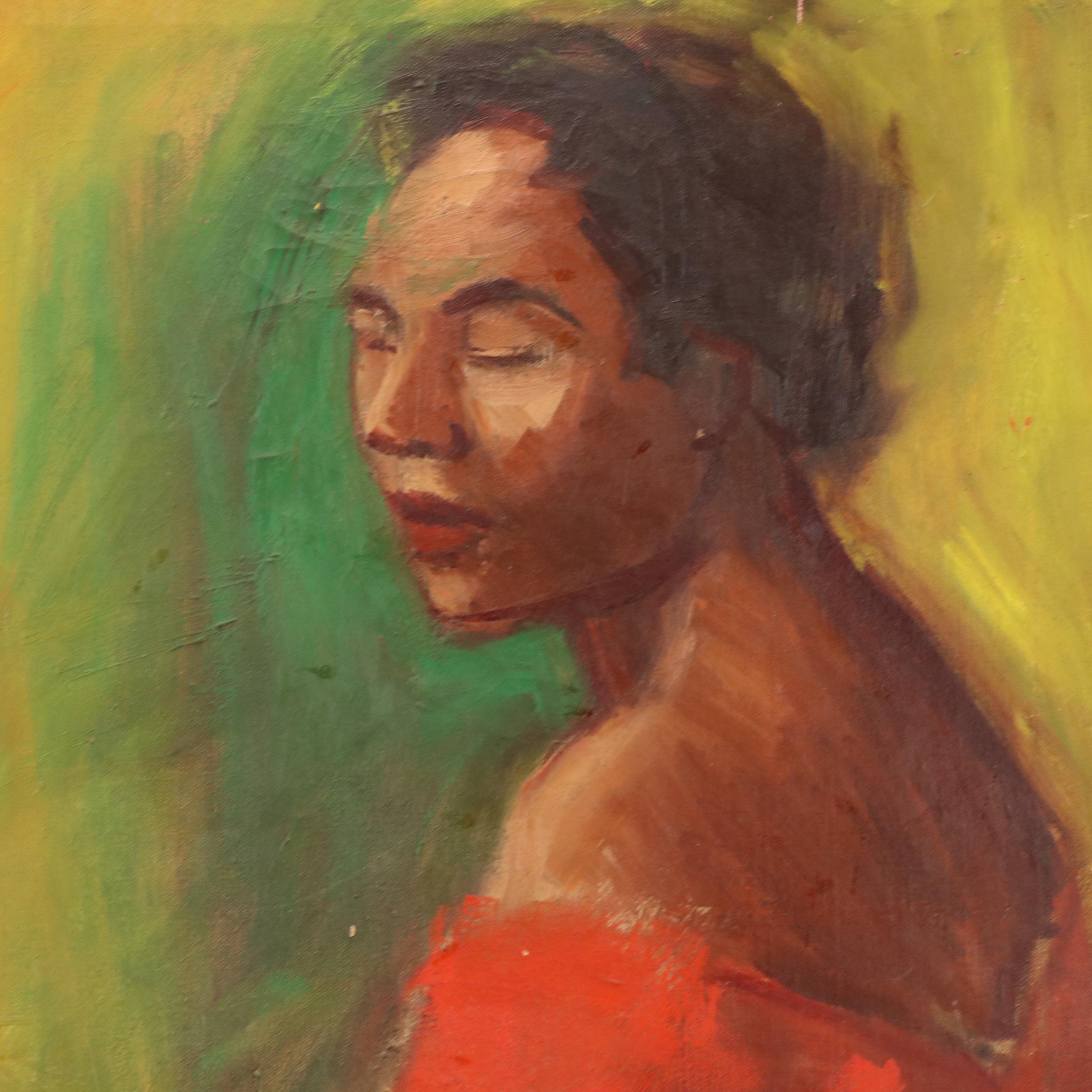 Portrait Oil Painting of Woman in Red Dress