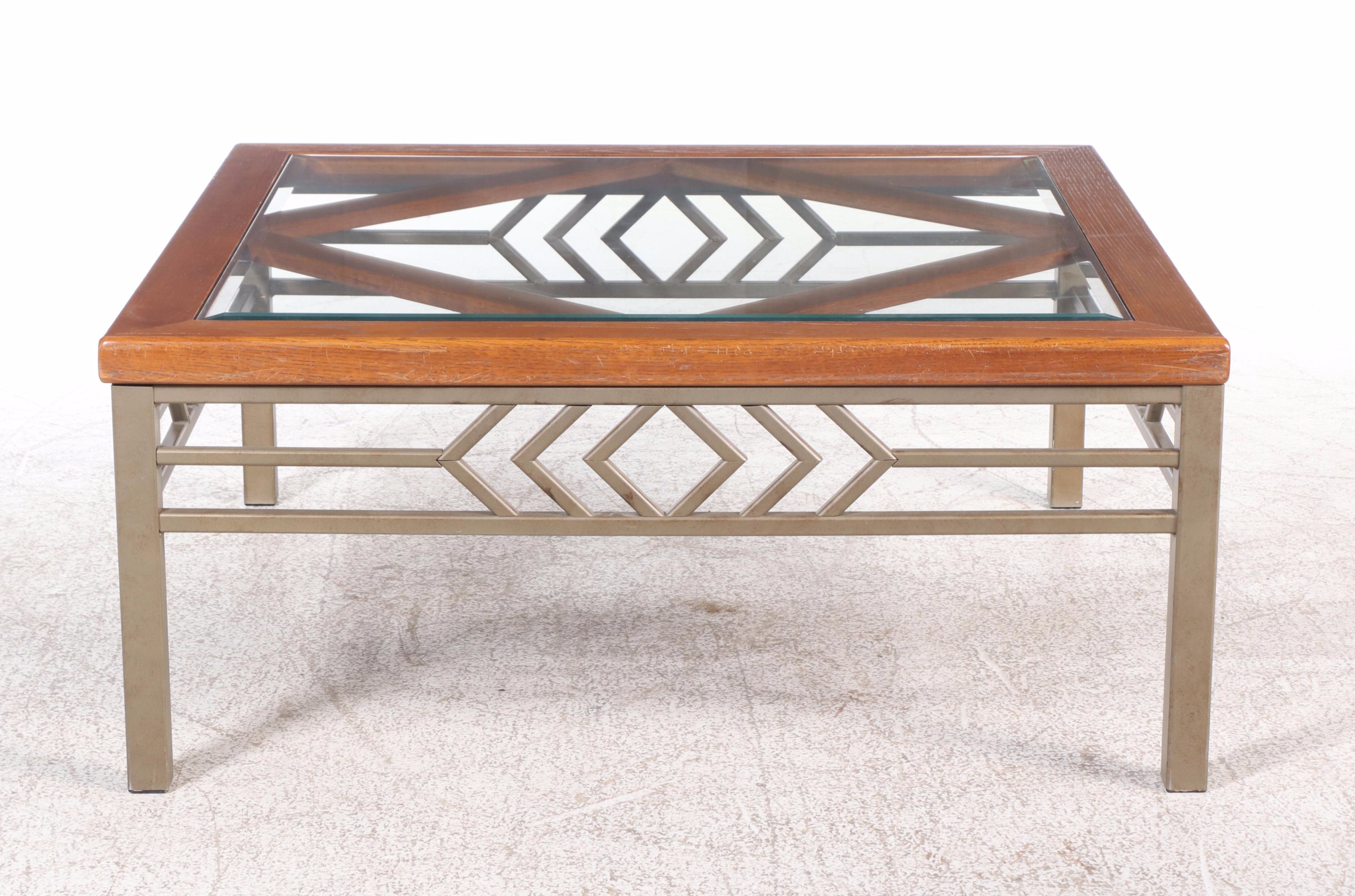 Contemporary Metal and Oak Glass Top Coffee Table
