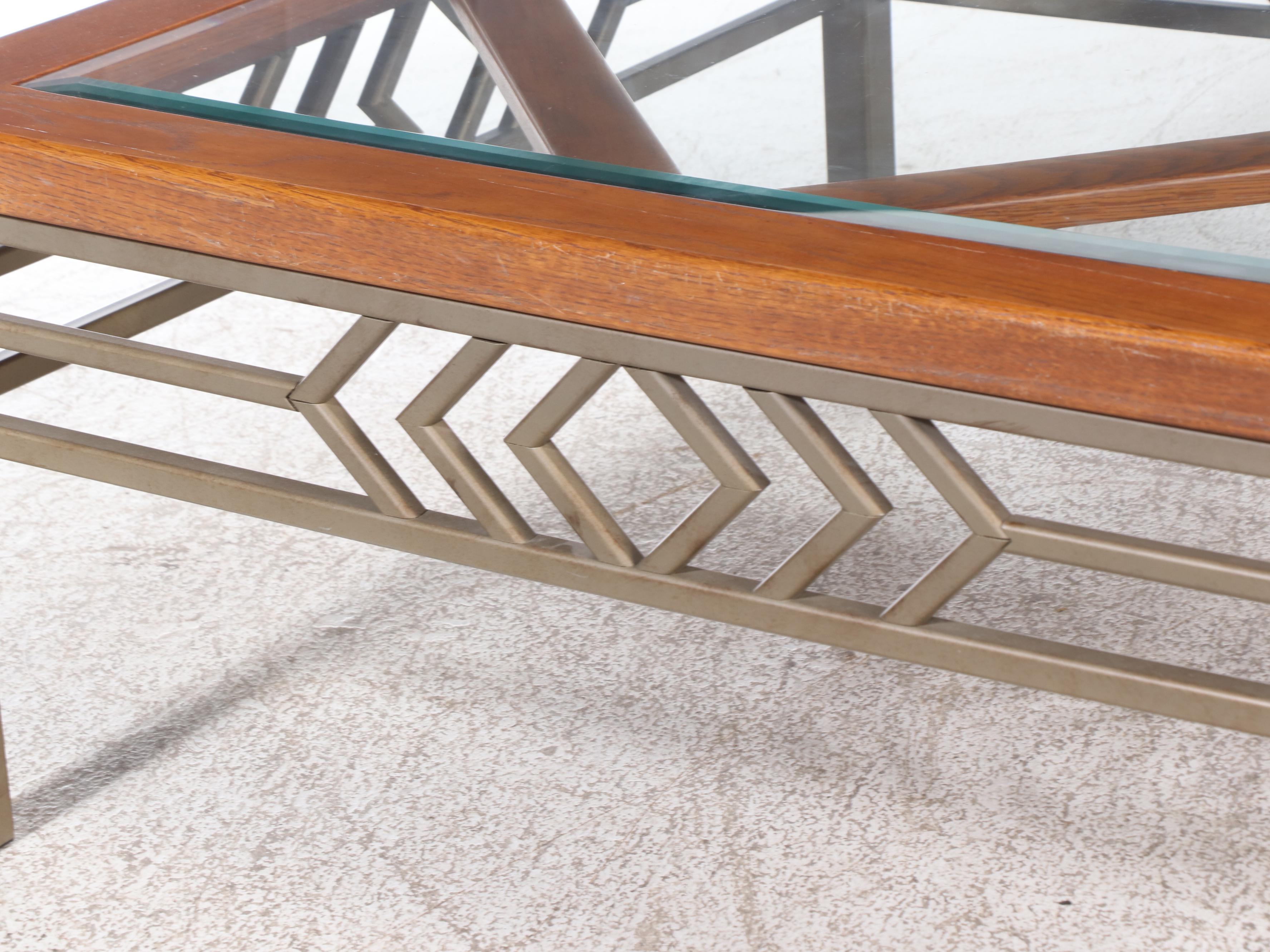 Contemporary Metal and Oak Glass Top Coffee Table