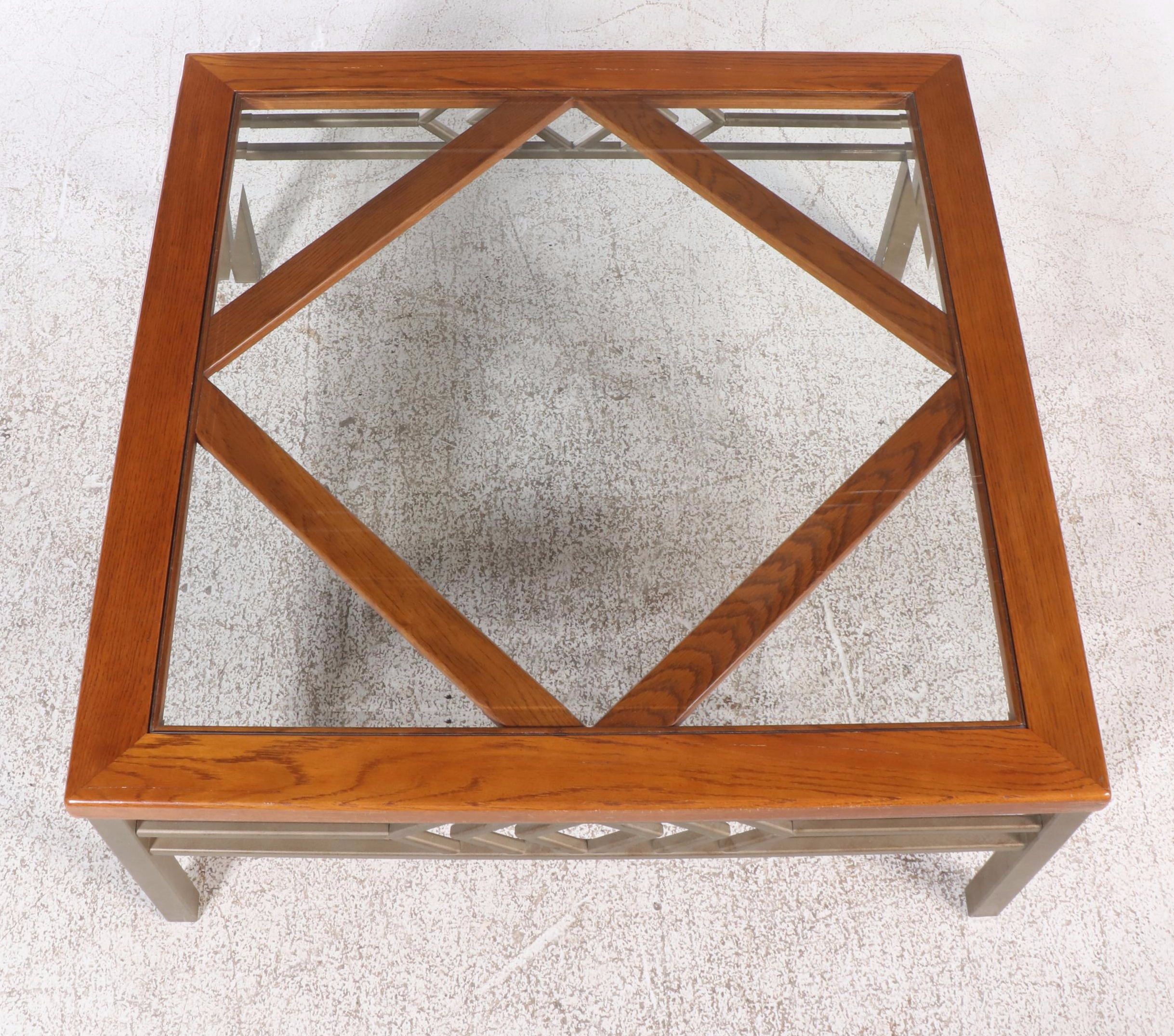Contemporary Metal and Oak Glass Top Coffee Table