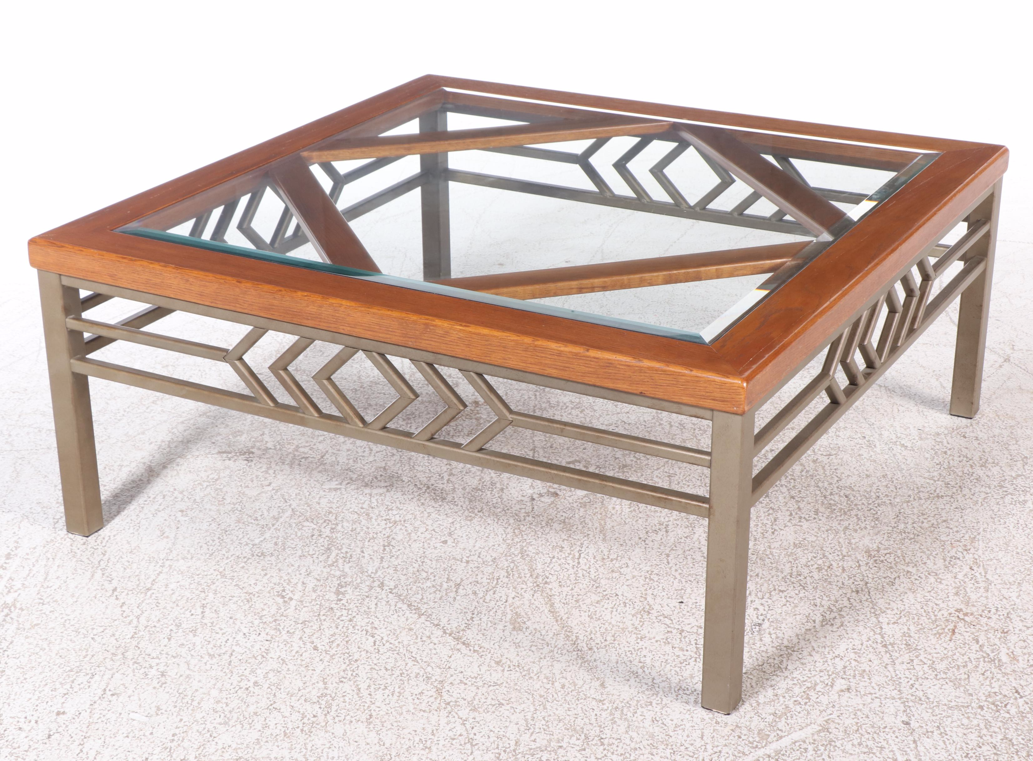 Contemporary Metal and Oak Glass Top Coffee Table