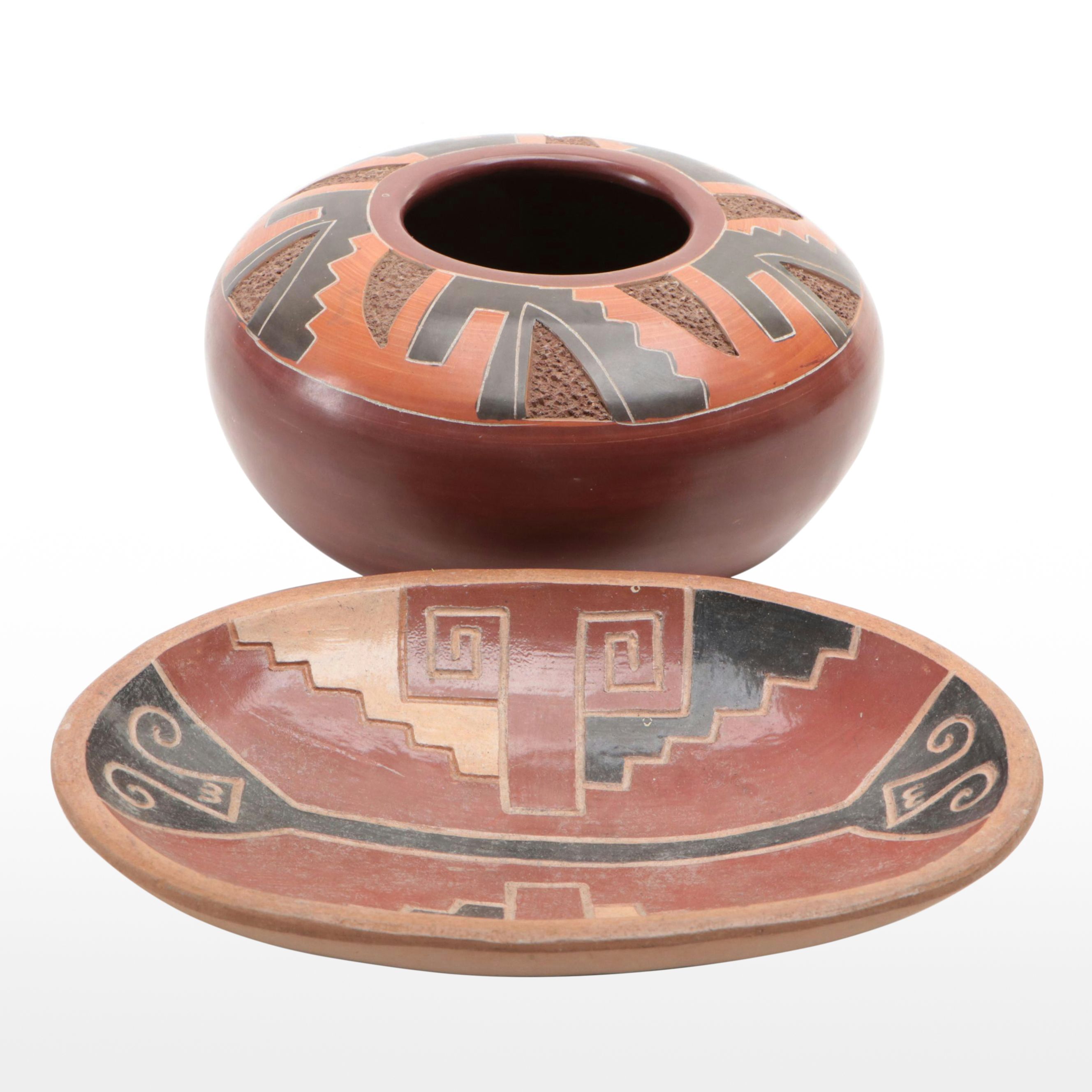 Artist Signed Chilean Terracotta Bowl and Nicaraguan Ceramic Bowl