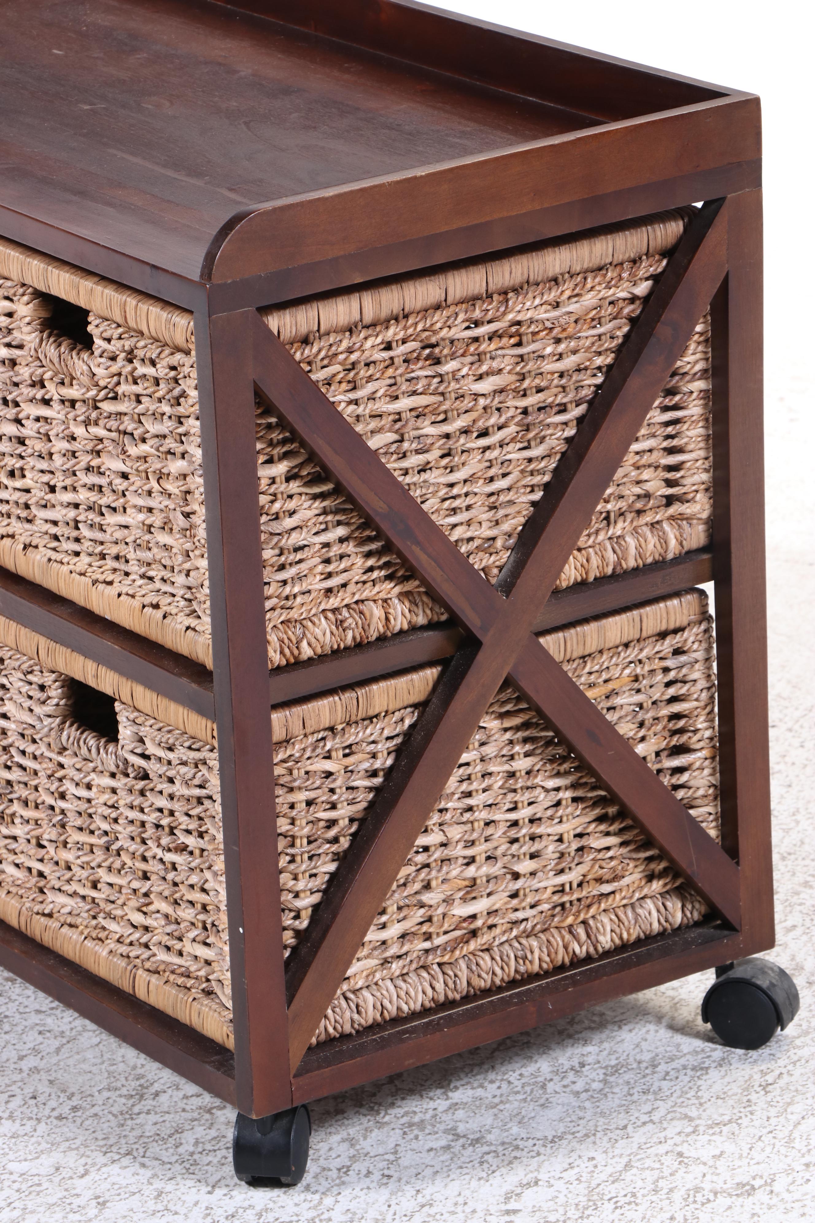 Hardwood and Wicker Four-Drawer Mobile Organizer in Espresso Finish