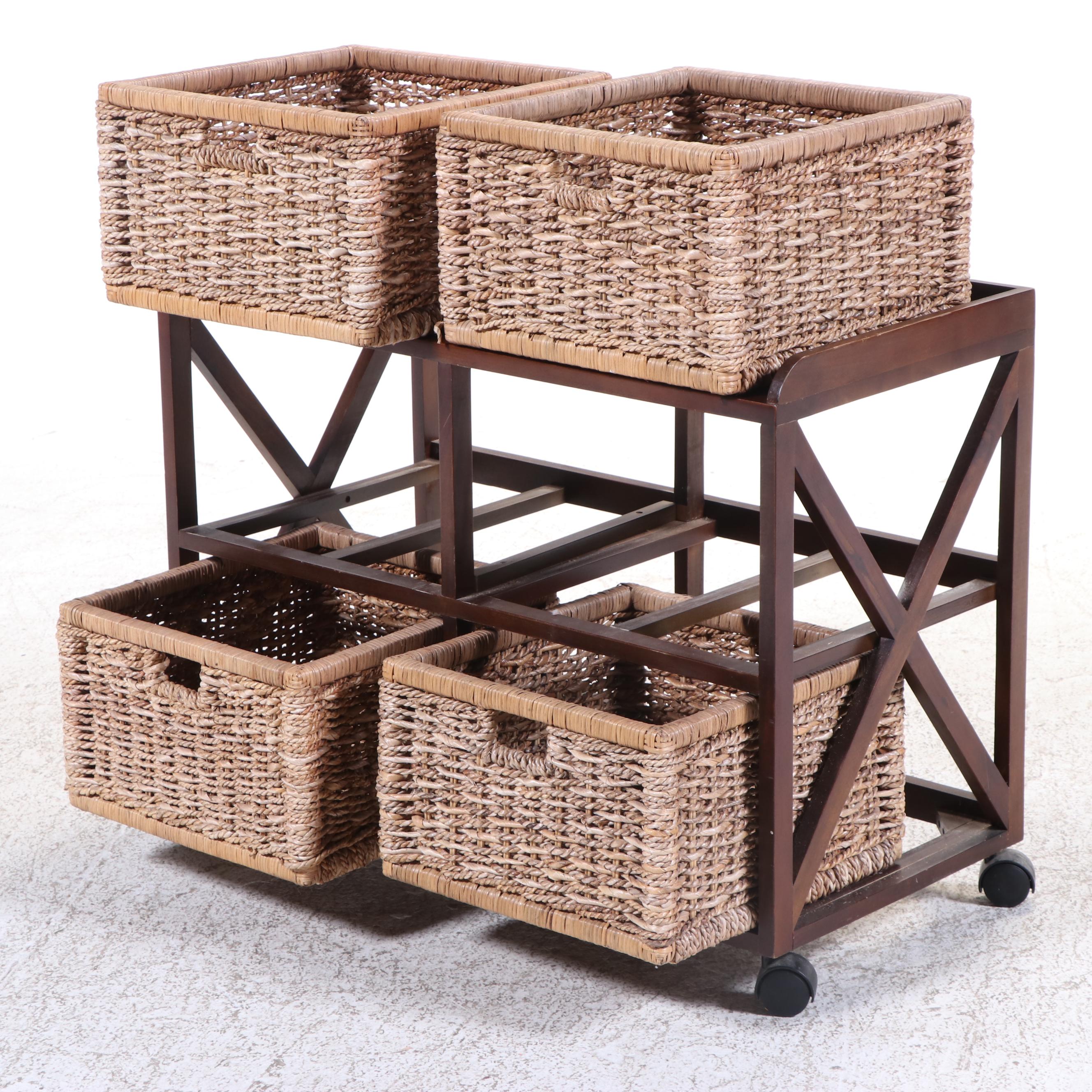 Hardwood and Wicker Four-Drawer Mobile Organizer in Espresso Finish