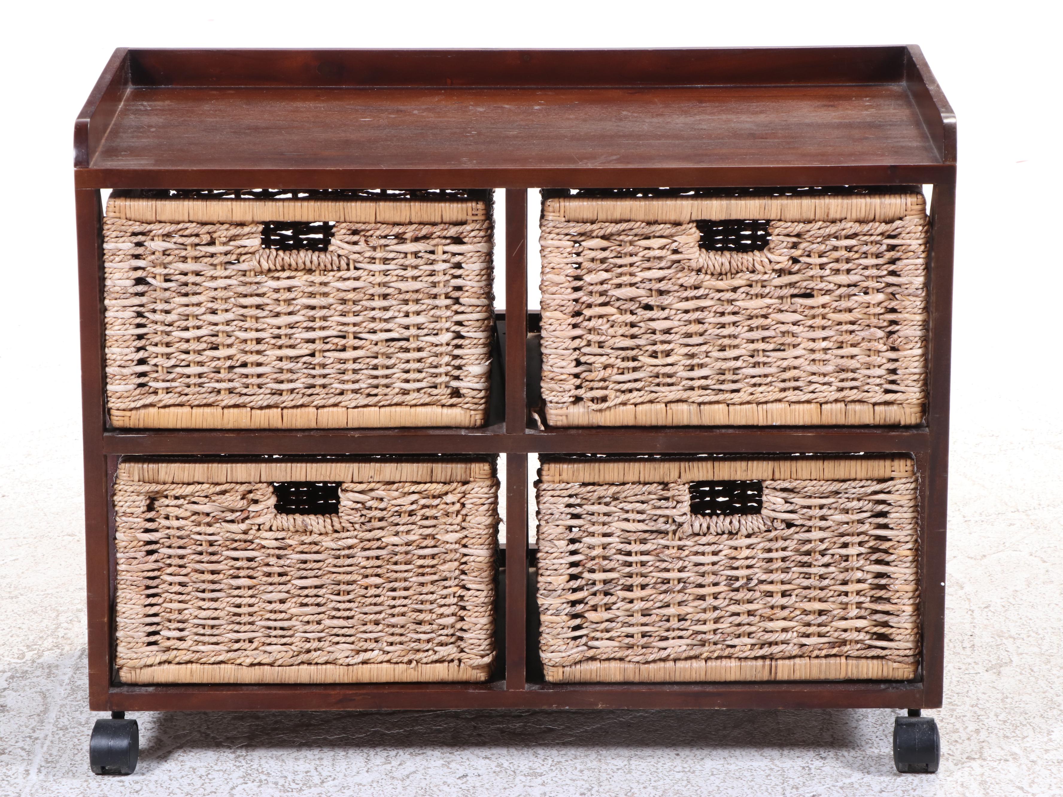Hardwood and Wicker Four-Drawer Mobile Organizer in Espresso Finish