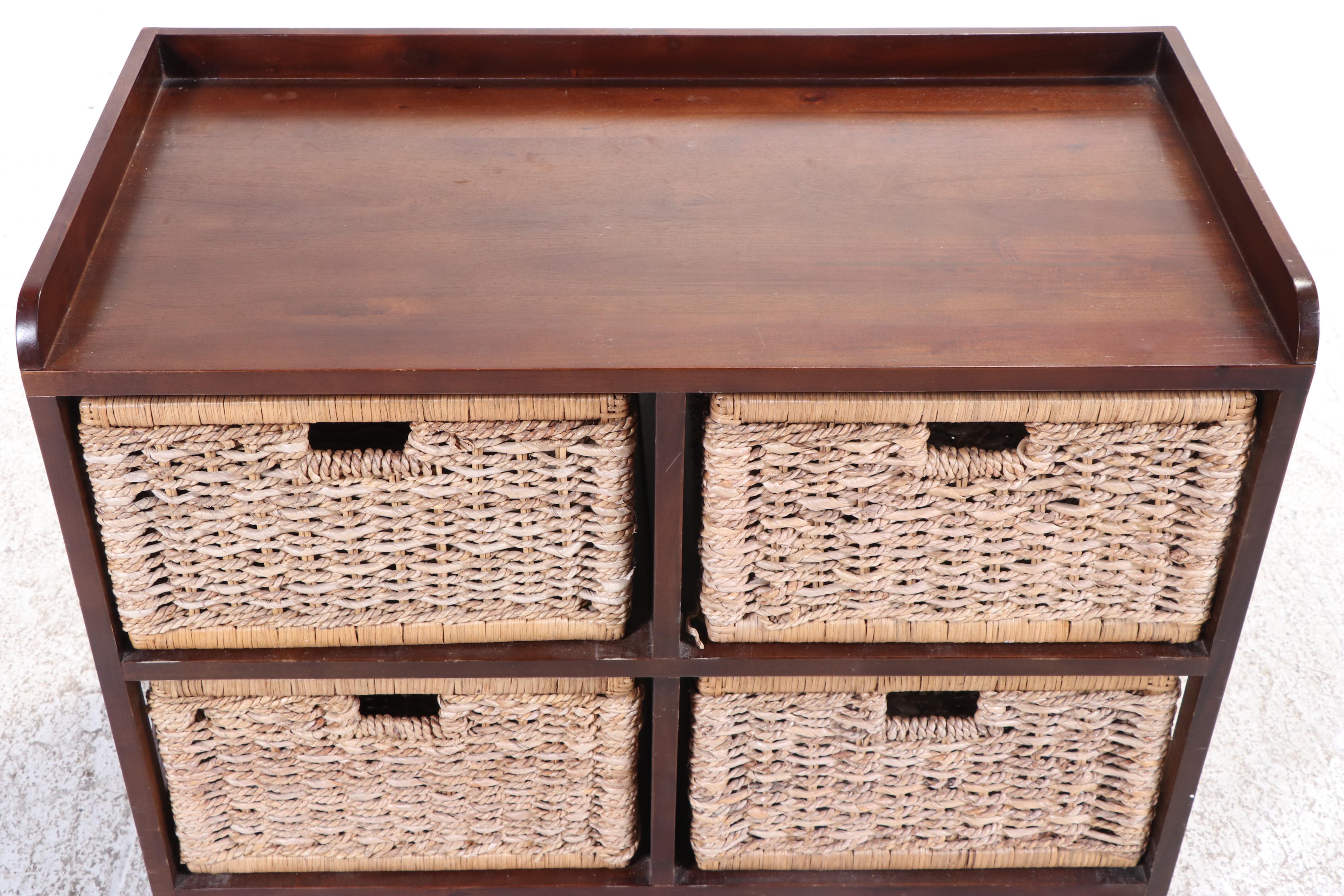 Hardwood and Wicker Four-Drawer Mobile Organizer in Espresso Finish