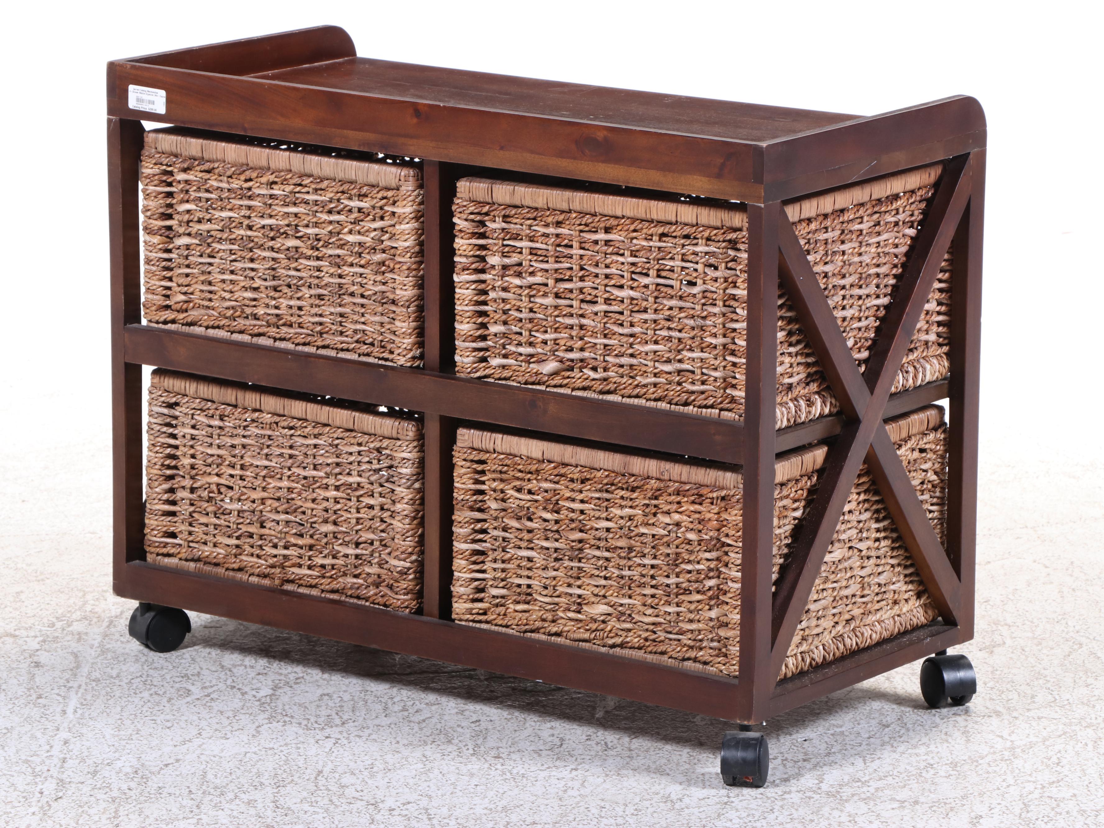 Hardwood and Wicker Four-Drawer Mobile Organizer in Espresso Finish