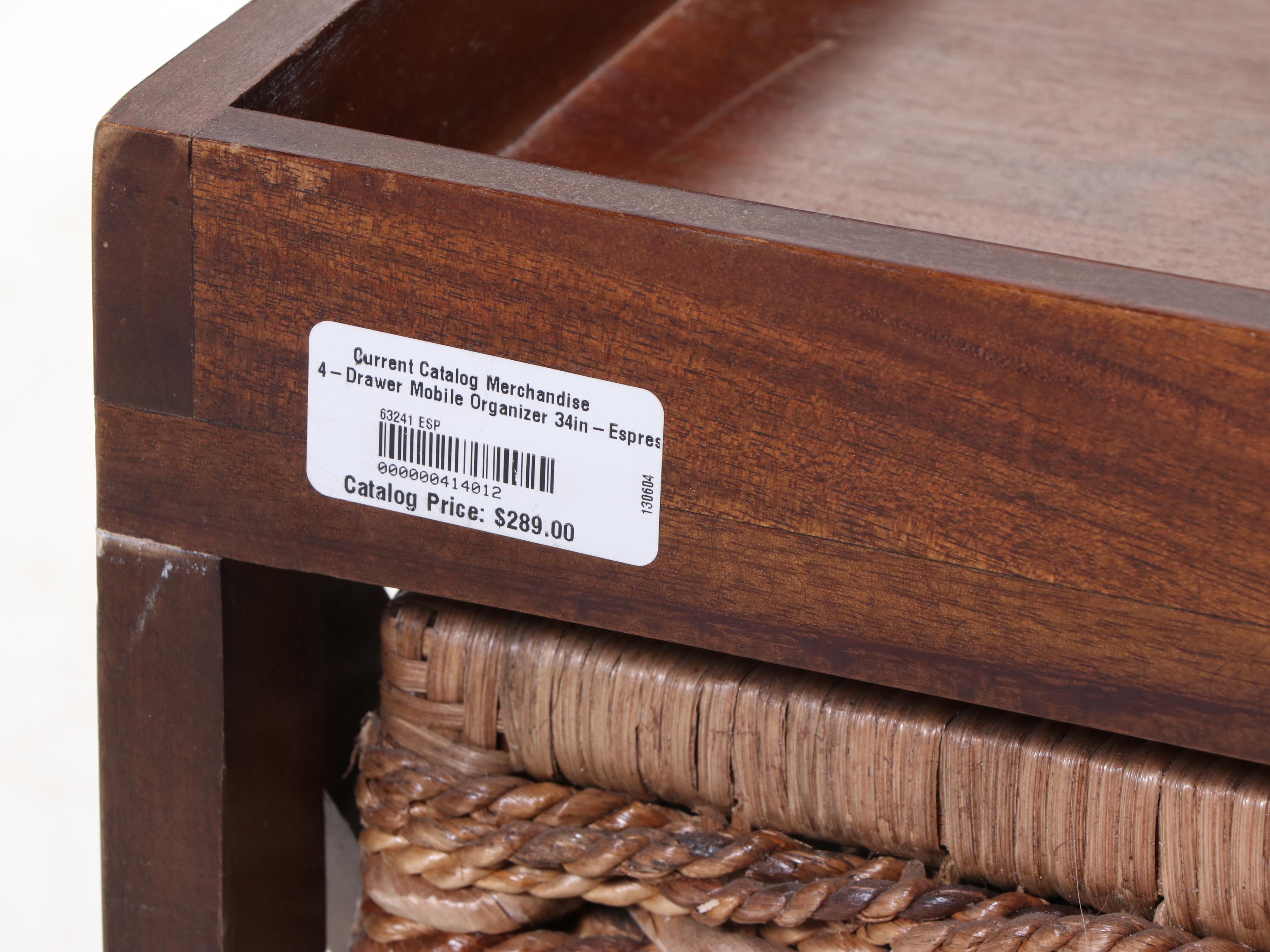 Hardwood and Wicker Four-Drawer Mobile Organizer in Espresso Finish