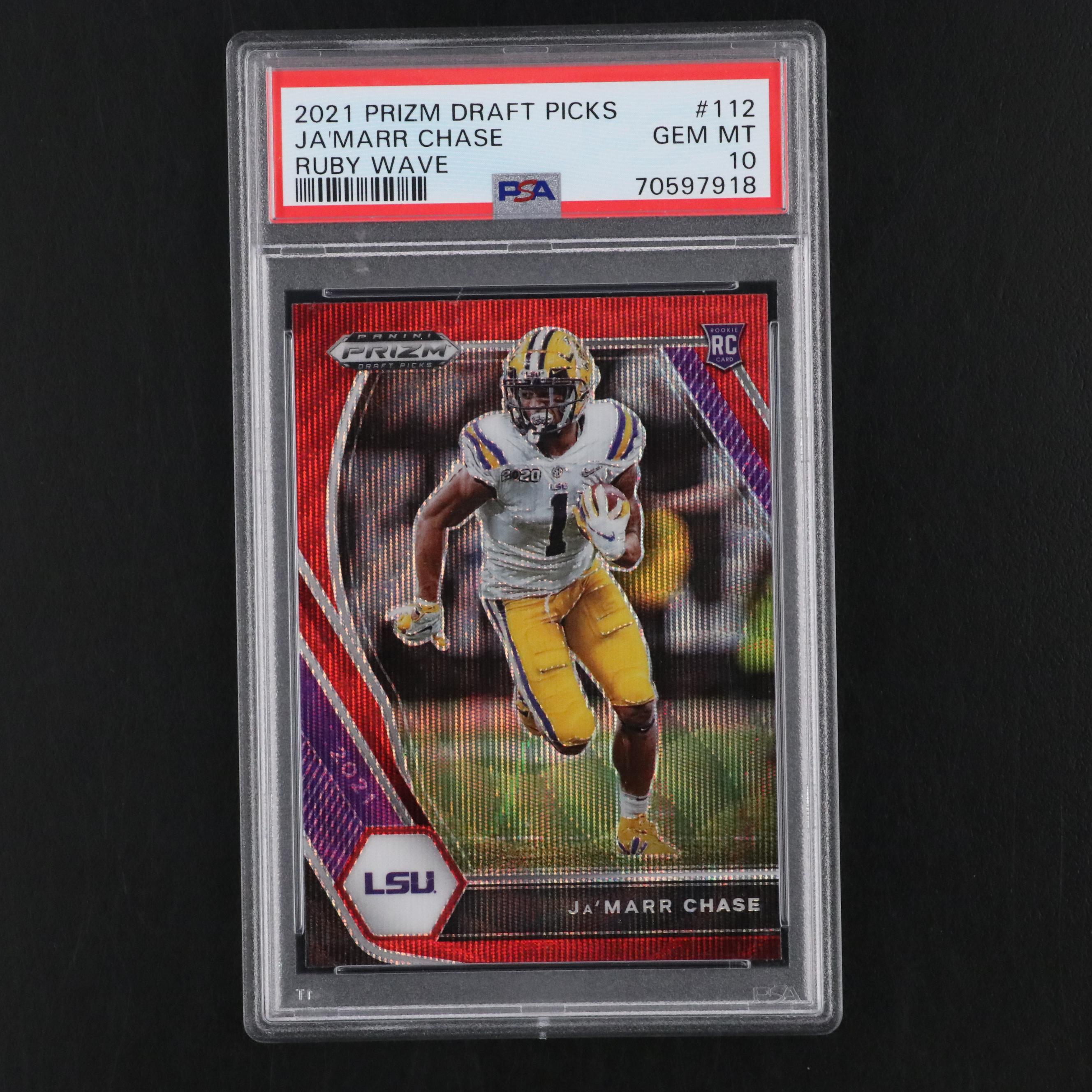 2021 Prizm Draft Picks Ja’Marr Chase Rookie Ruby Wave Card #112 Graded PSA 10