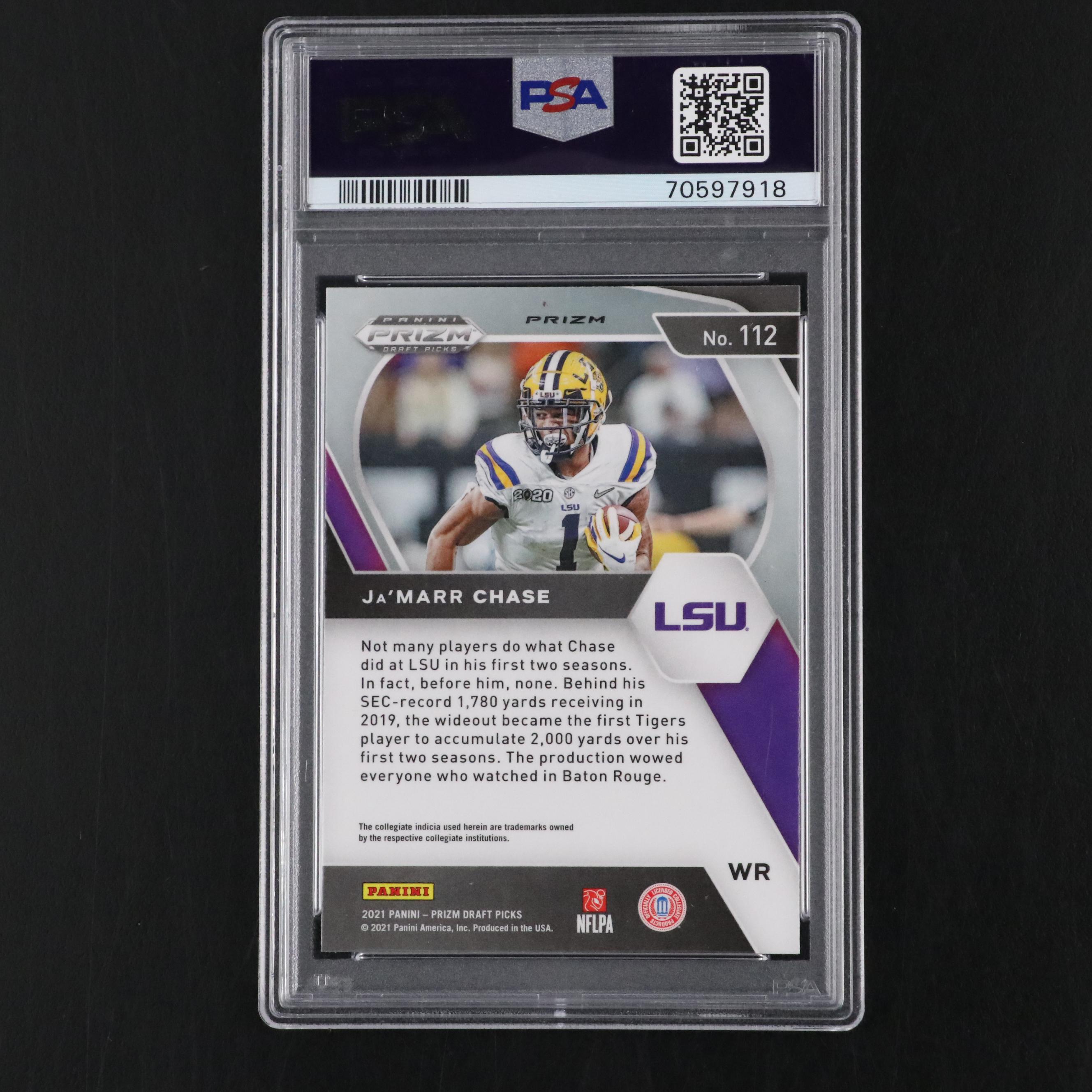 2021 Prizm Draft Picks Ja’Marr Chase Rookie Ruby Wave Card #112 Graded PSA 10