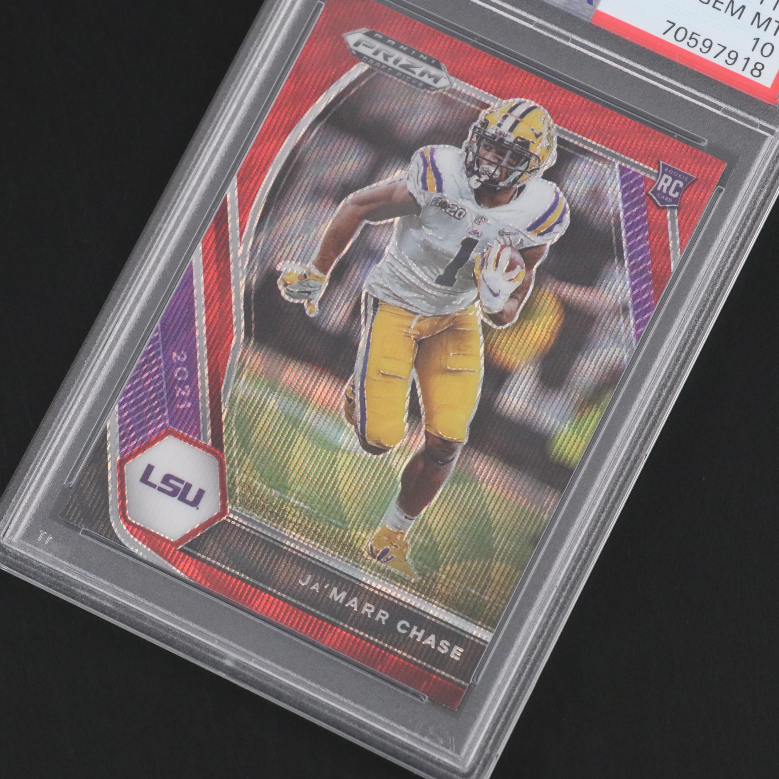 2021 Prizm Draft Picks Ja’Marr Chase Rookie Ruby Wave Card #112 Graded PSA 10