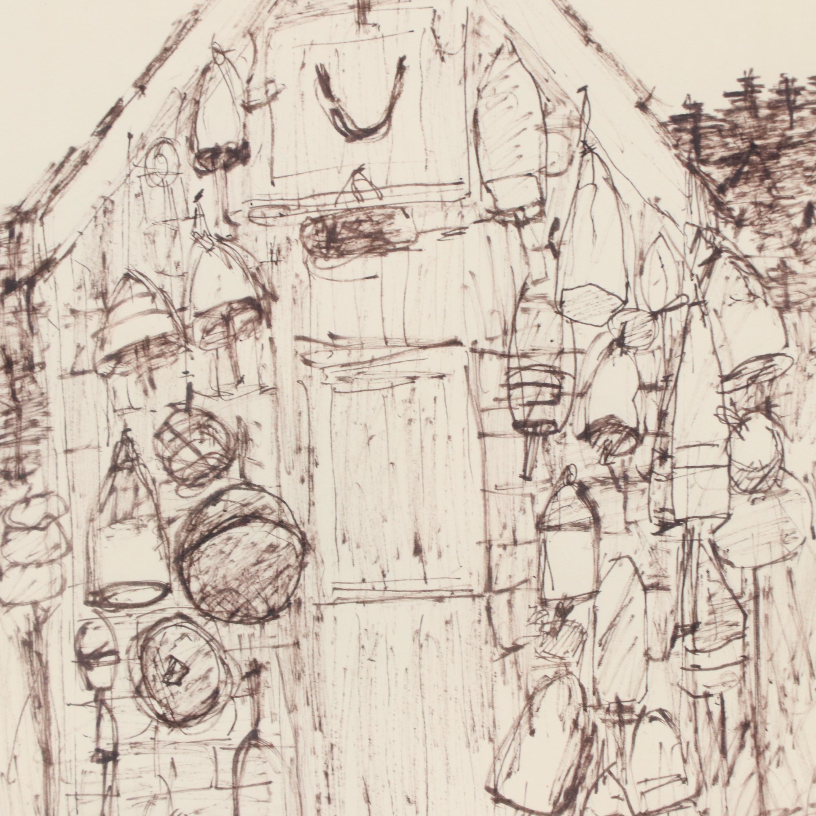 Hilly Wooded Landscape Ink Drawing