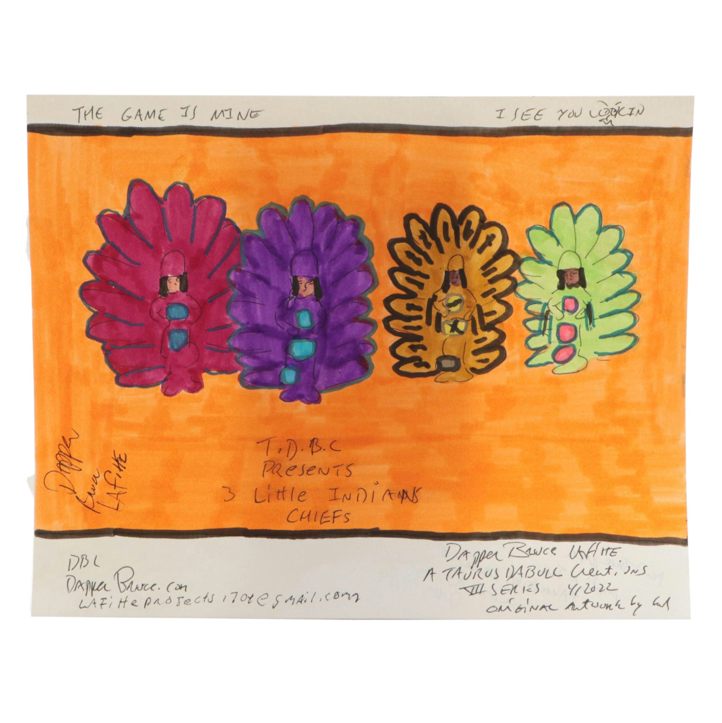 Dapper Bruce Lafitte Outsider Art Drawing "3 Little Indians