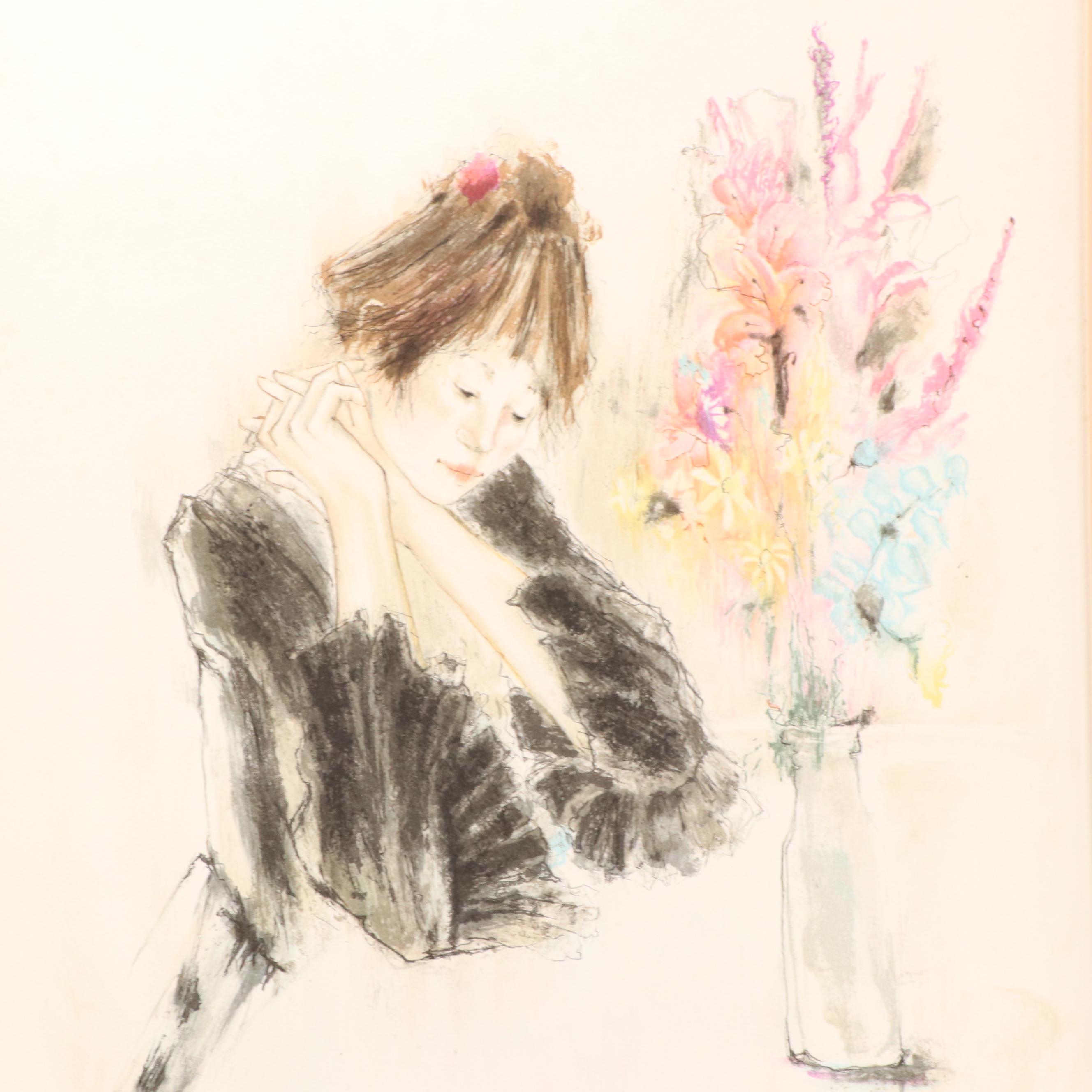 Susan Sahall Color Lithograph of Pensive Woman