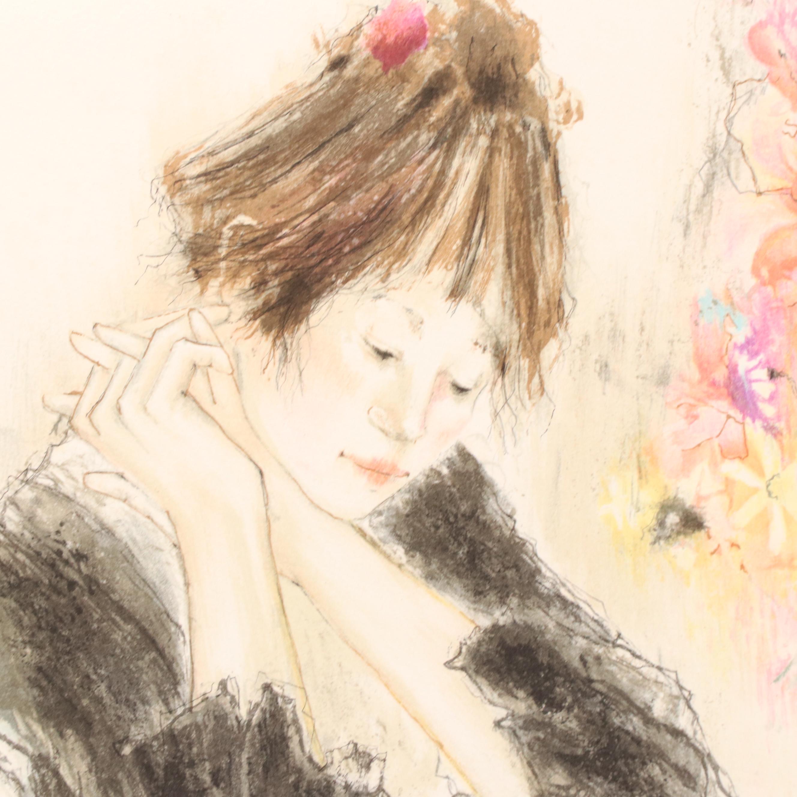 Susan Sahall Color Lithograph of Pensive Woman