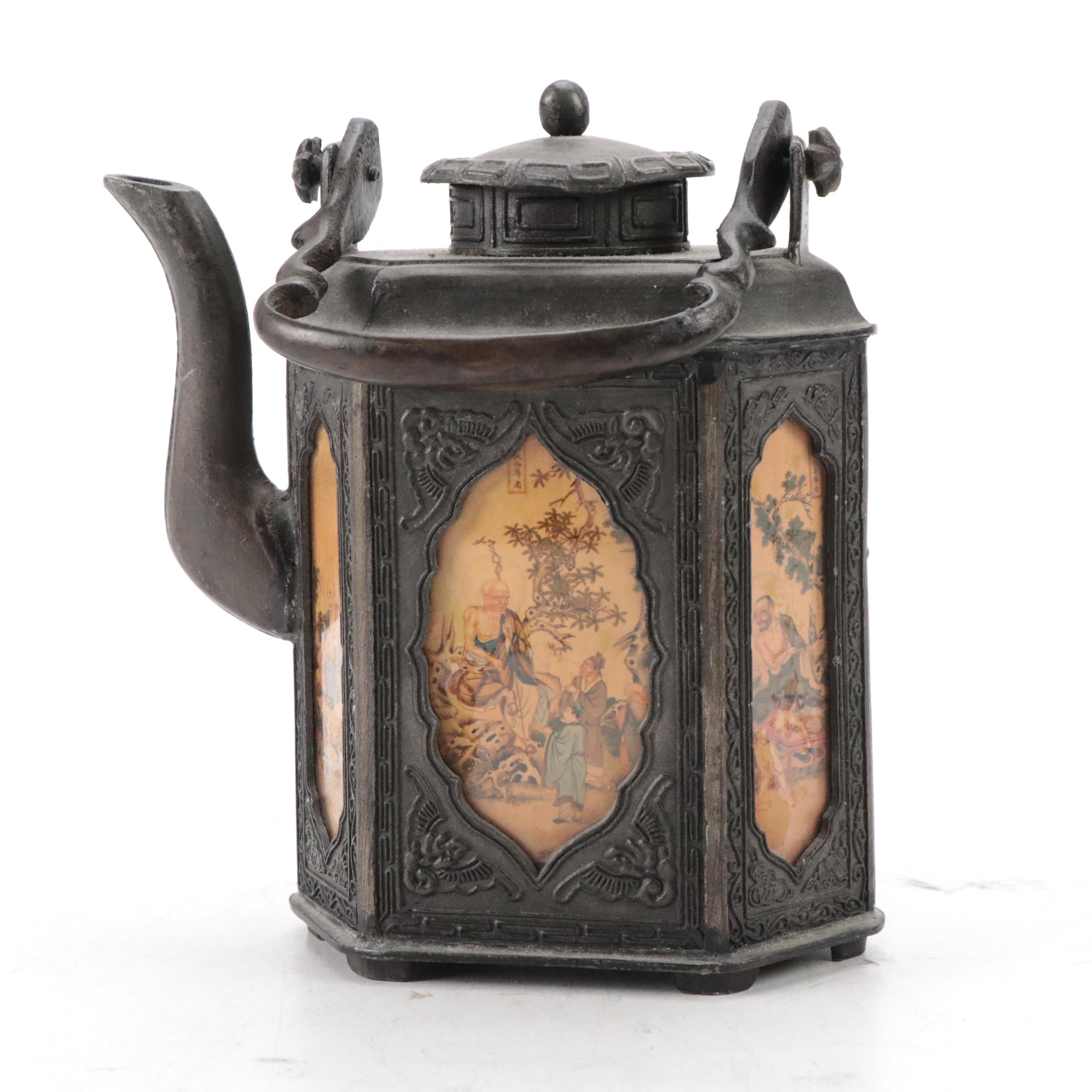 Chinese Metal Hexagonal Teapot with Glass Covered Panels