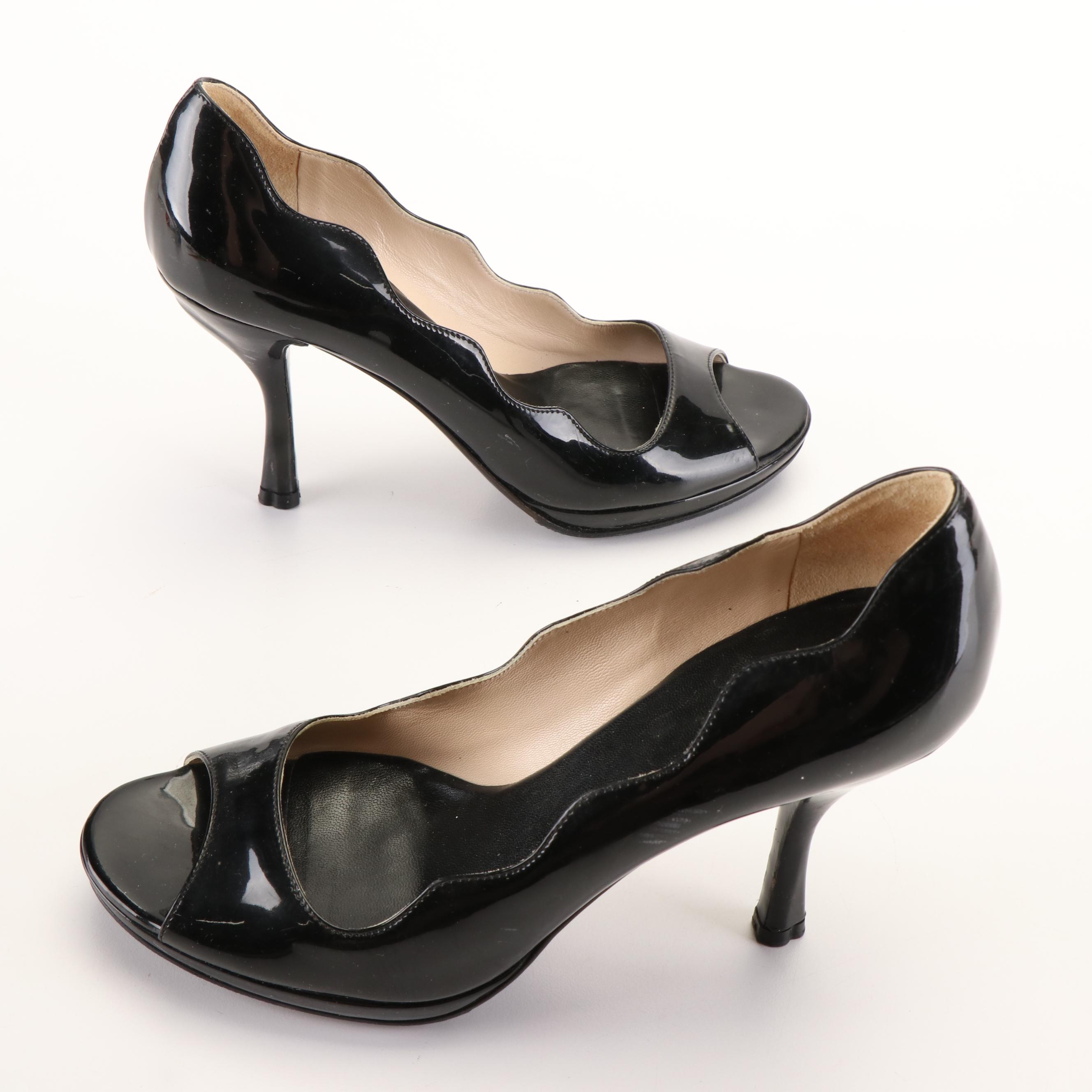 Prada Patent Leather High Heels with Scalloped Edges and Peep Toe