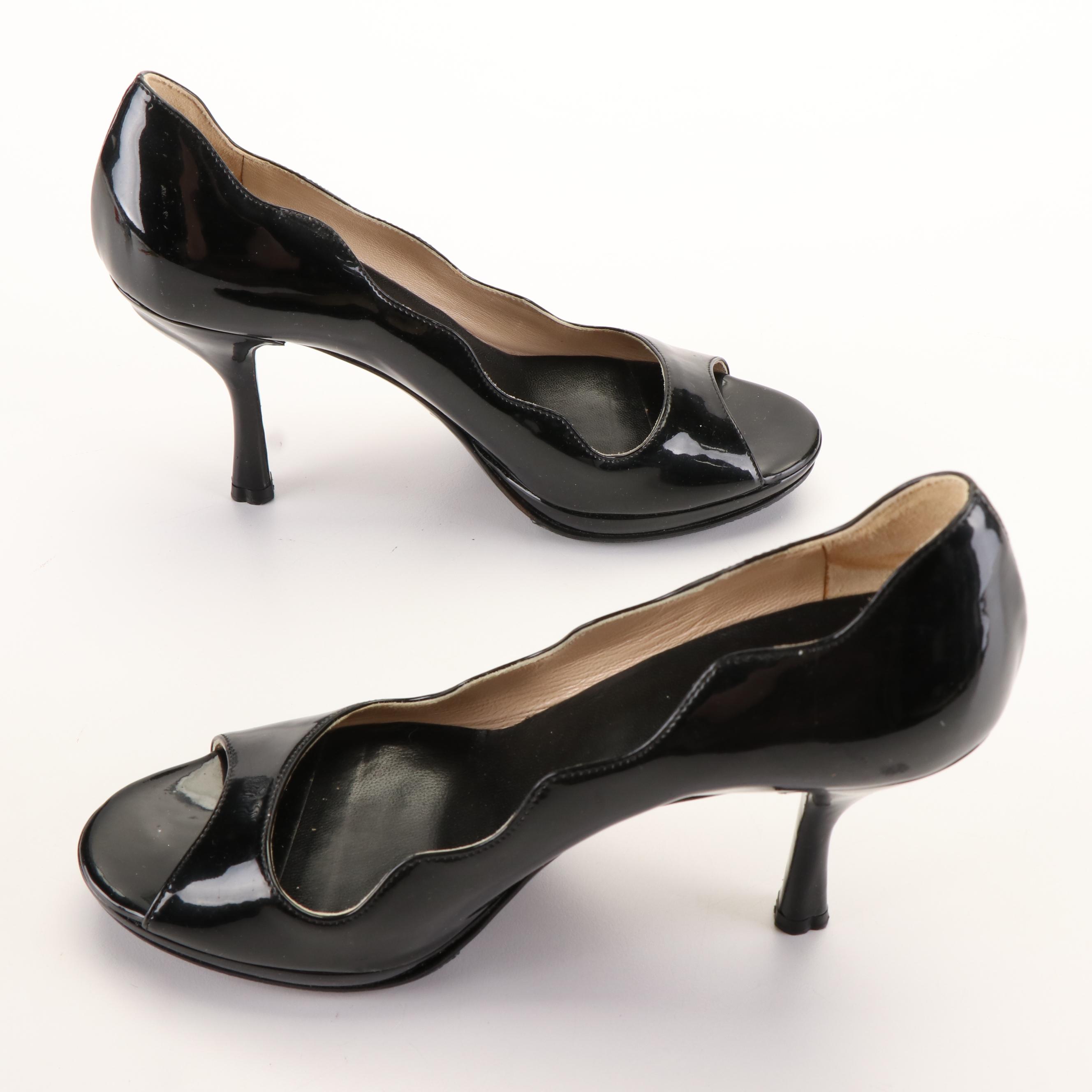 Prada Patent Leather High Heels with Scalloped Edges and Peep Toe