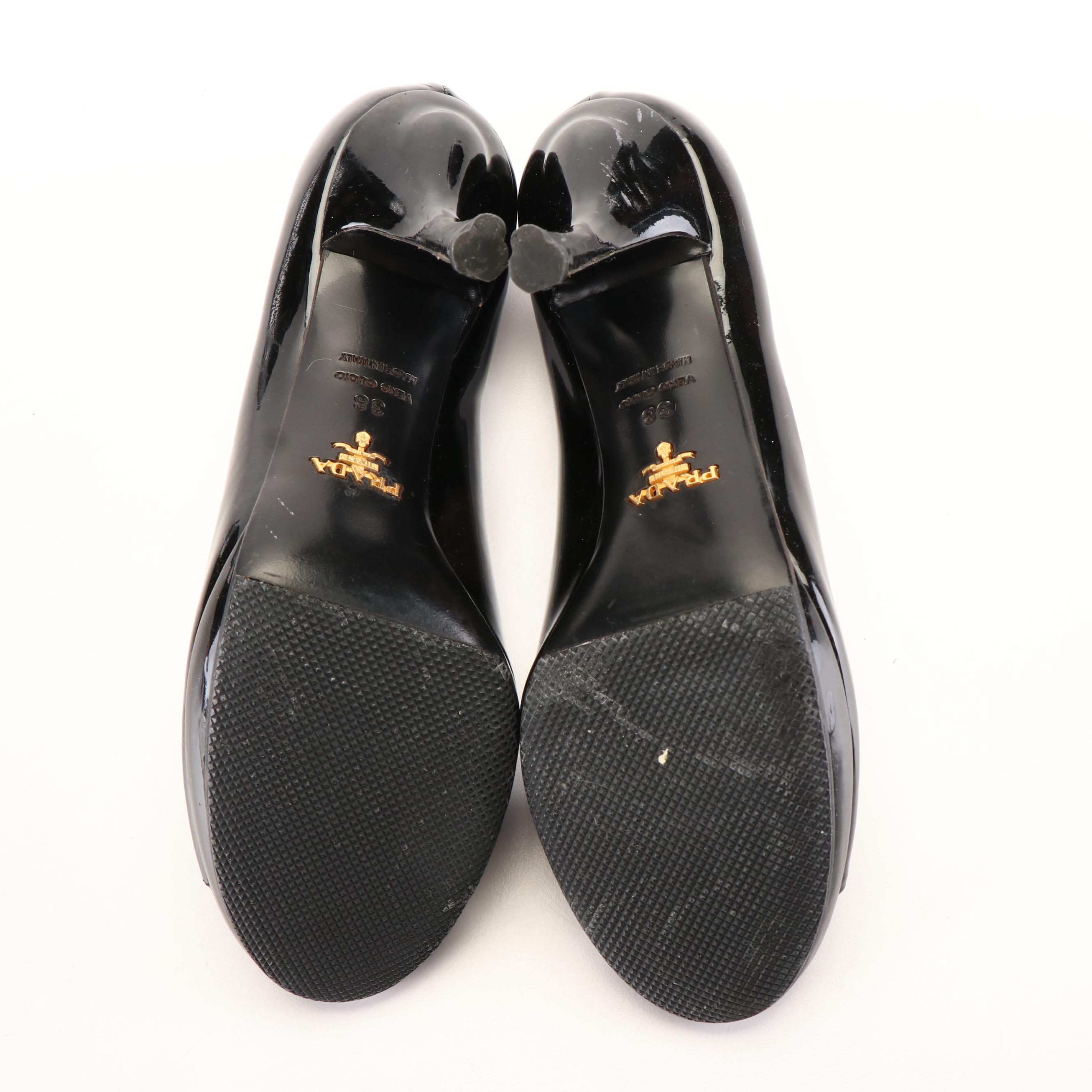 Prada Patent Leather High Heels with Scalloped Edges and Peep Toe