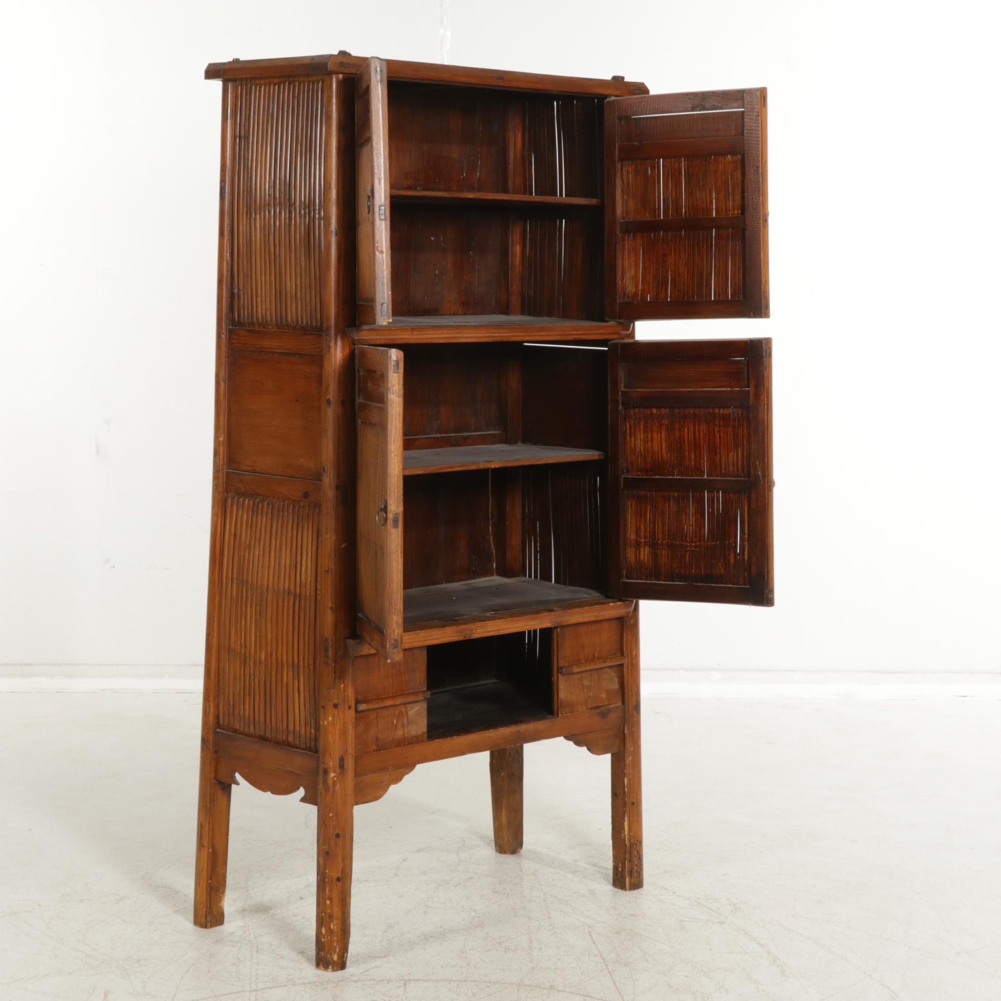 Asian Rustic Wood and Bamboo Storage Cabinet, Mid to Late 20th Century