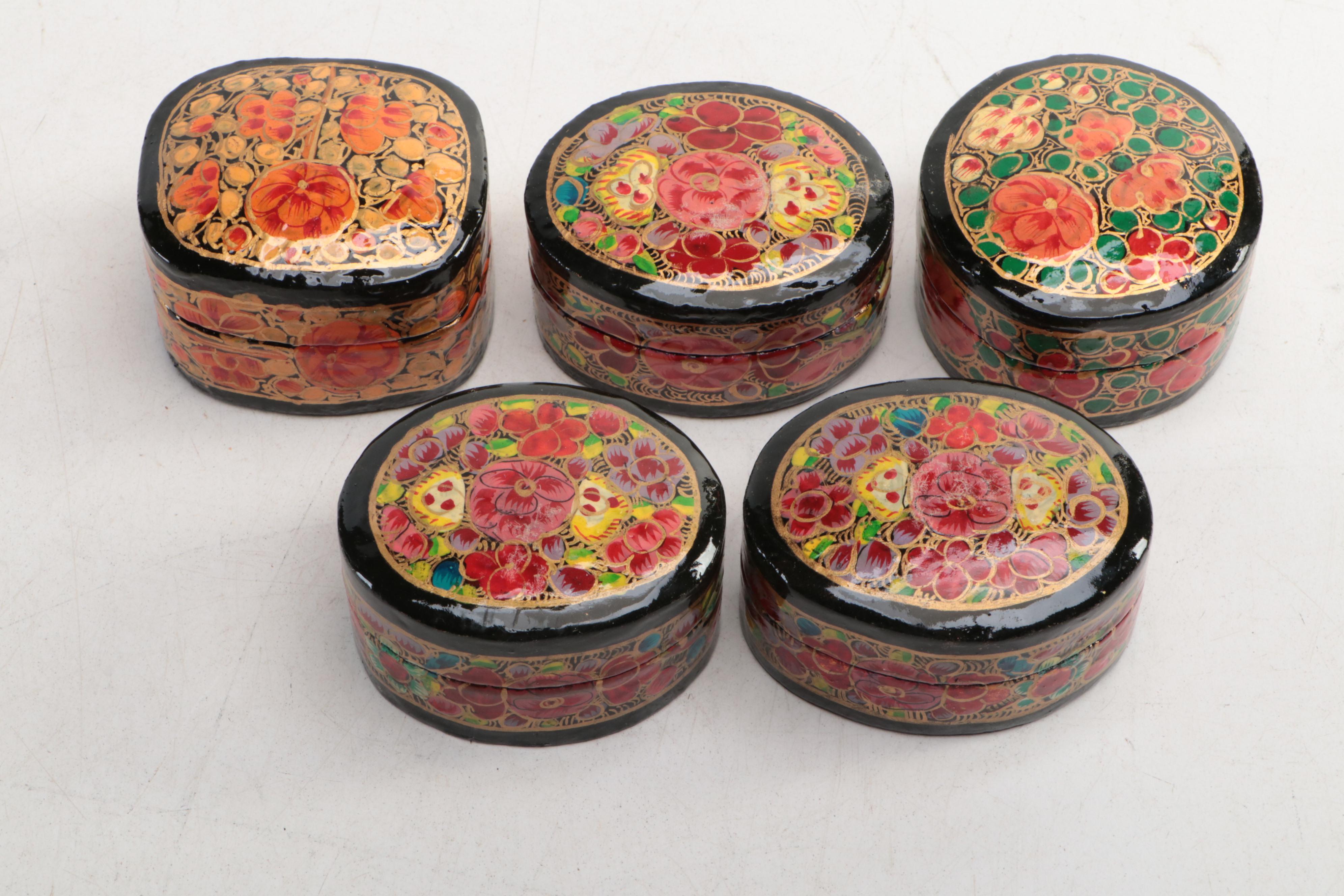 Indian Folk Art Hand-Painted Kashmiri Papier-Mâché Boxes