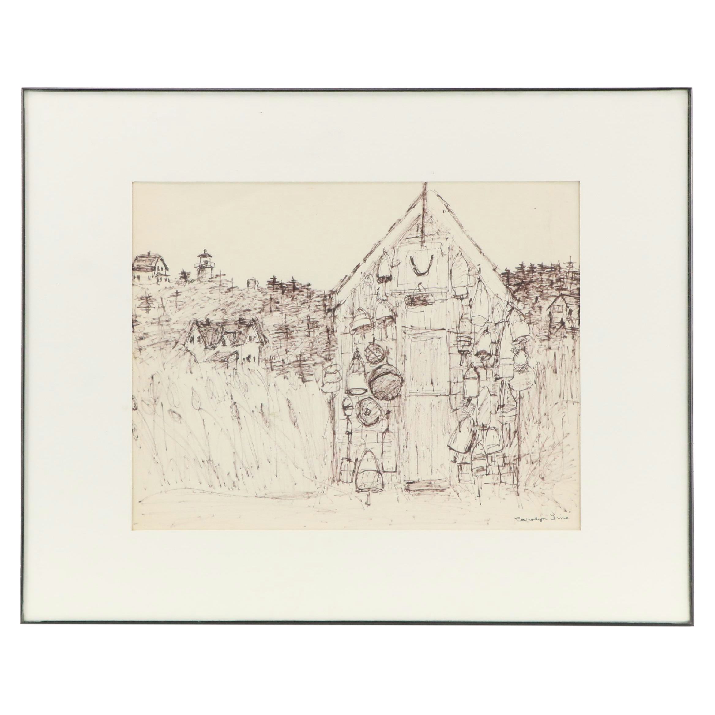 Hilly Wooded Landscape Ink Drawing