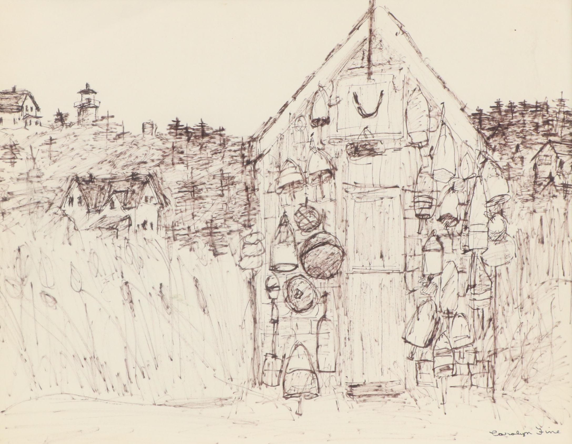 Hilly Wooded Landscape Ink Drawing