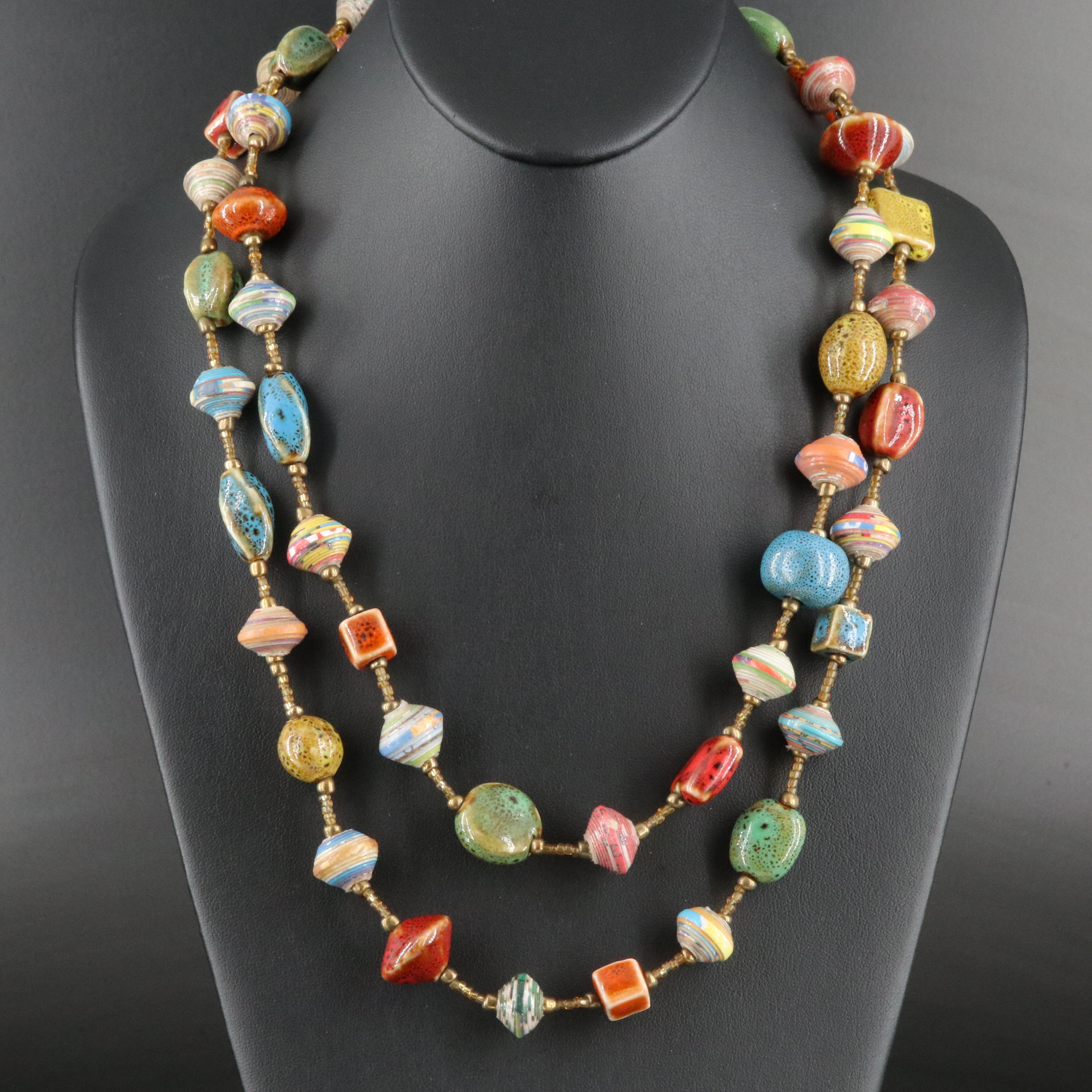 Ceramic, Glass and Rolled Paper Bead Necklace